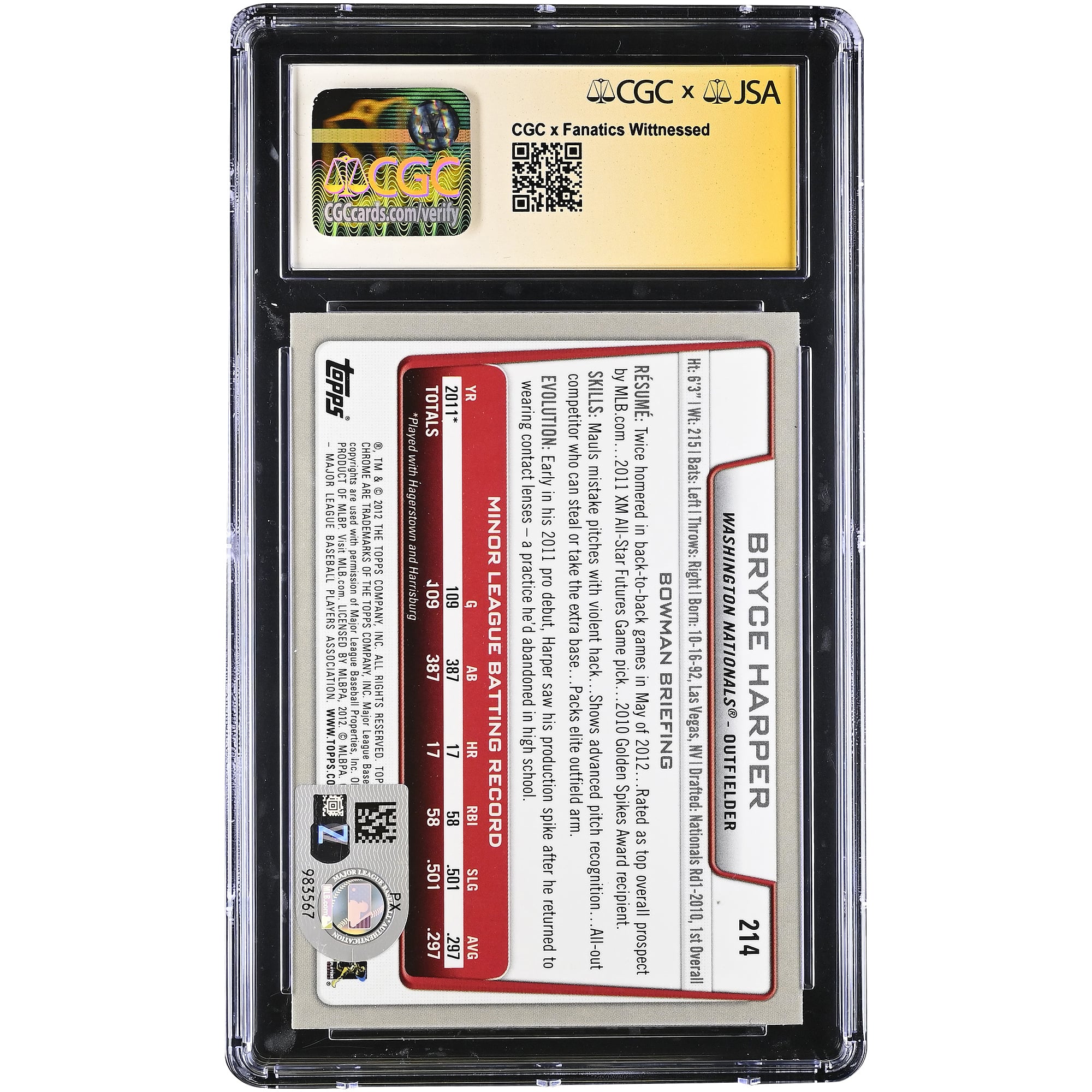 Bryce Harper Washington Nationals Autographed 2012 Bowman Chrome #214 CGC Authenticated 10/10 Rookie Card
