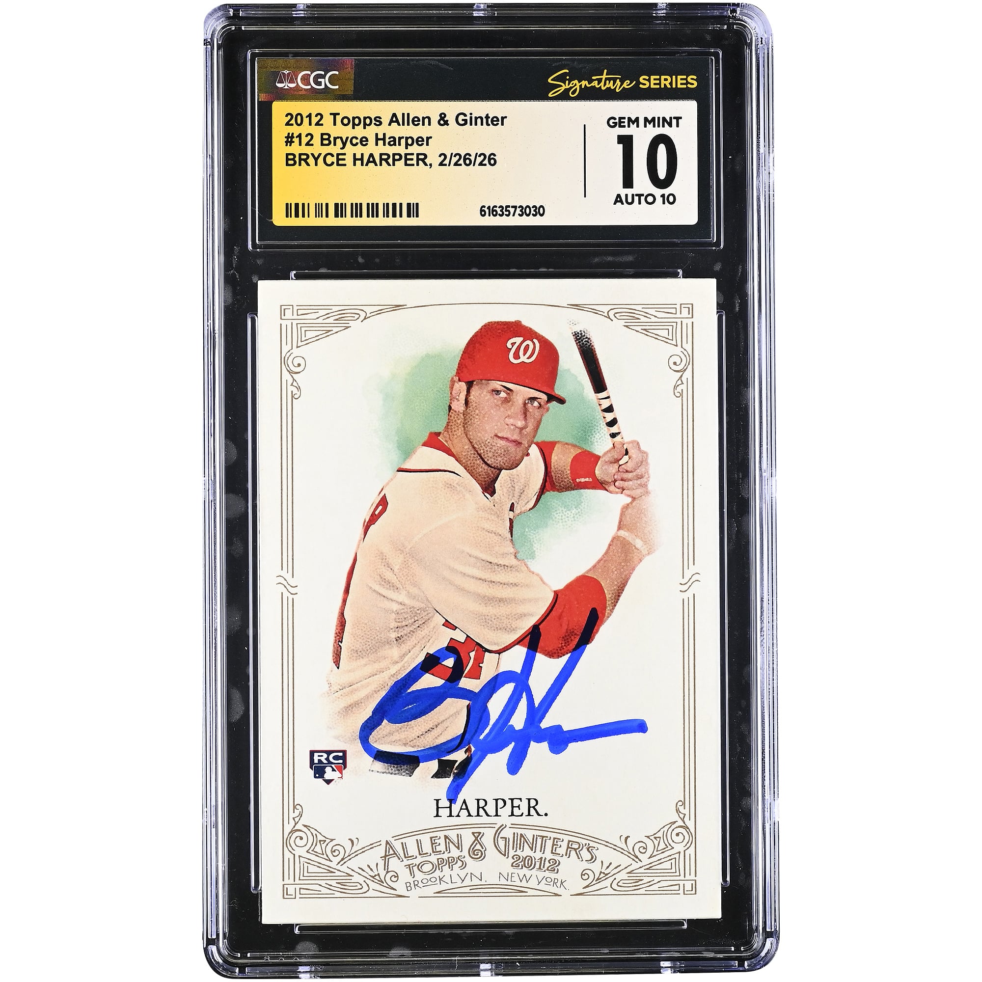 Carte de recrue autographiée de Bryce Harper (Washington Nationals), Topps Allen & Ginter 2012, n° 12, authentifiée CGC 10/10