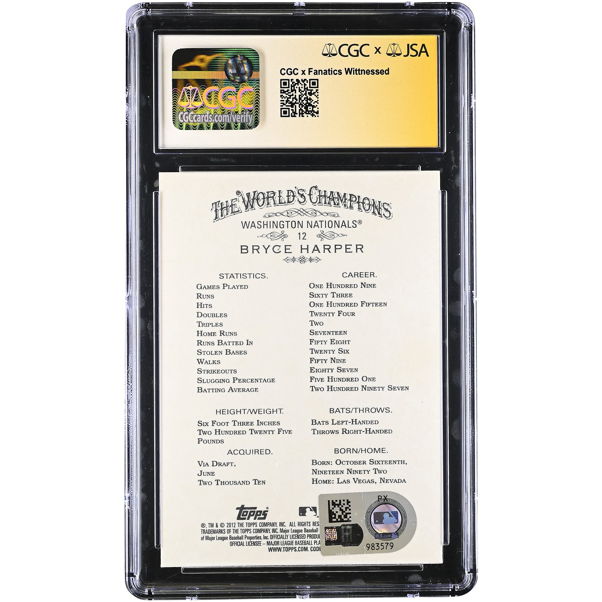 Carte de recrue autographiée de Bryce Harper (Washington Nationals), Topps Allen & Ginter 2012, n° 12, authentifiée CGC 10/10