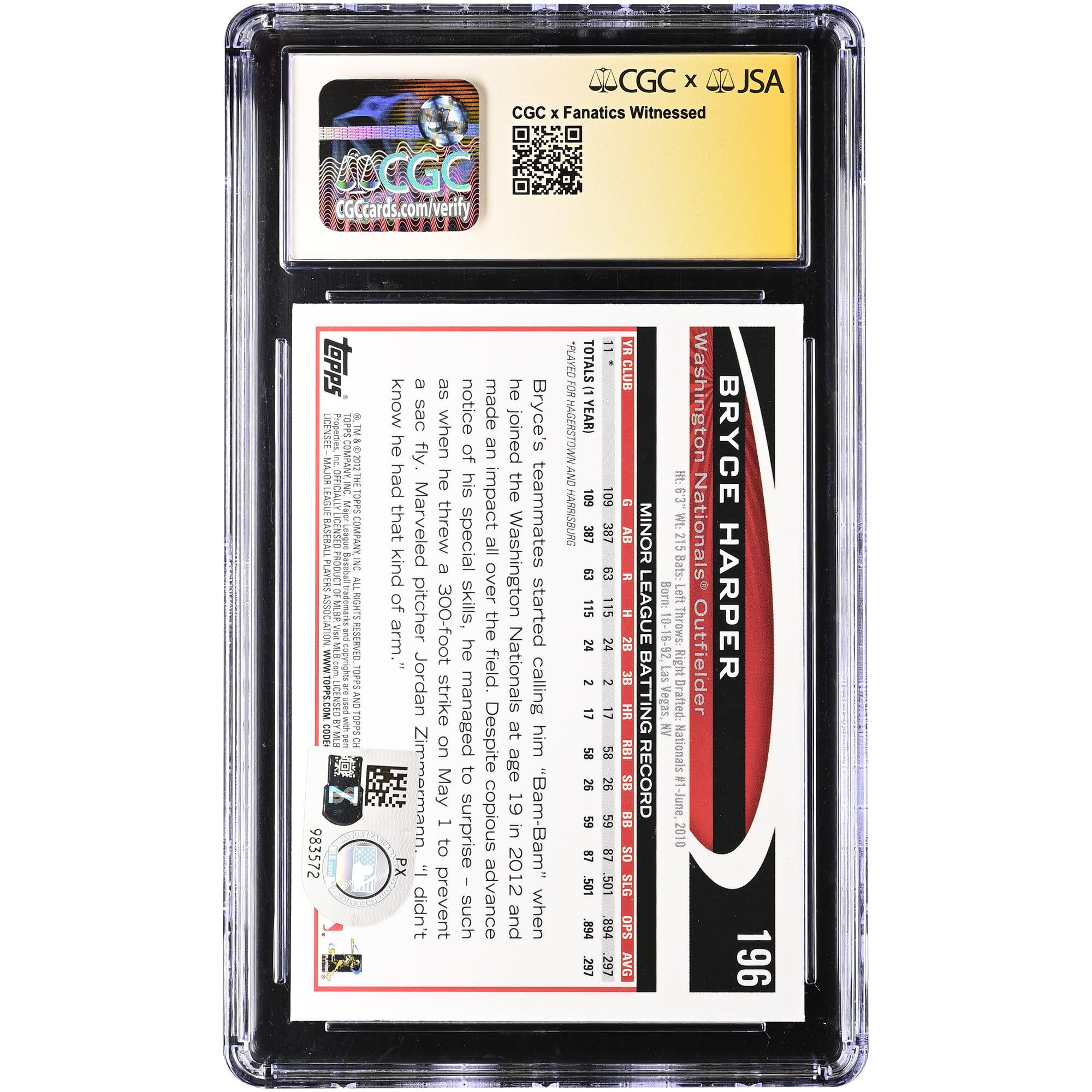 Bryce Harper Washington Nationals Autographed 2012 Topps Chrome #196 CGC Authenticated Auto 10 Rookie Card