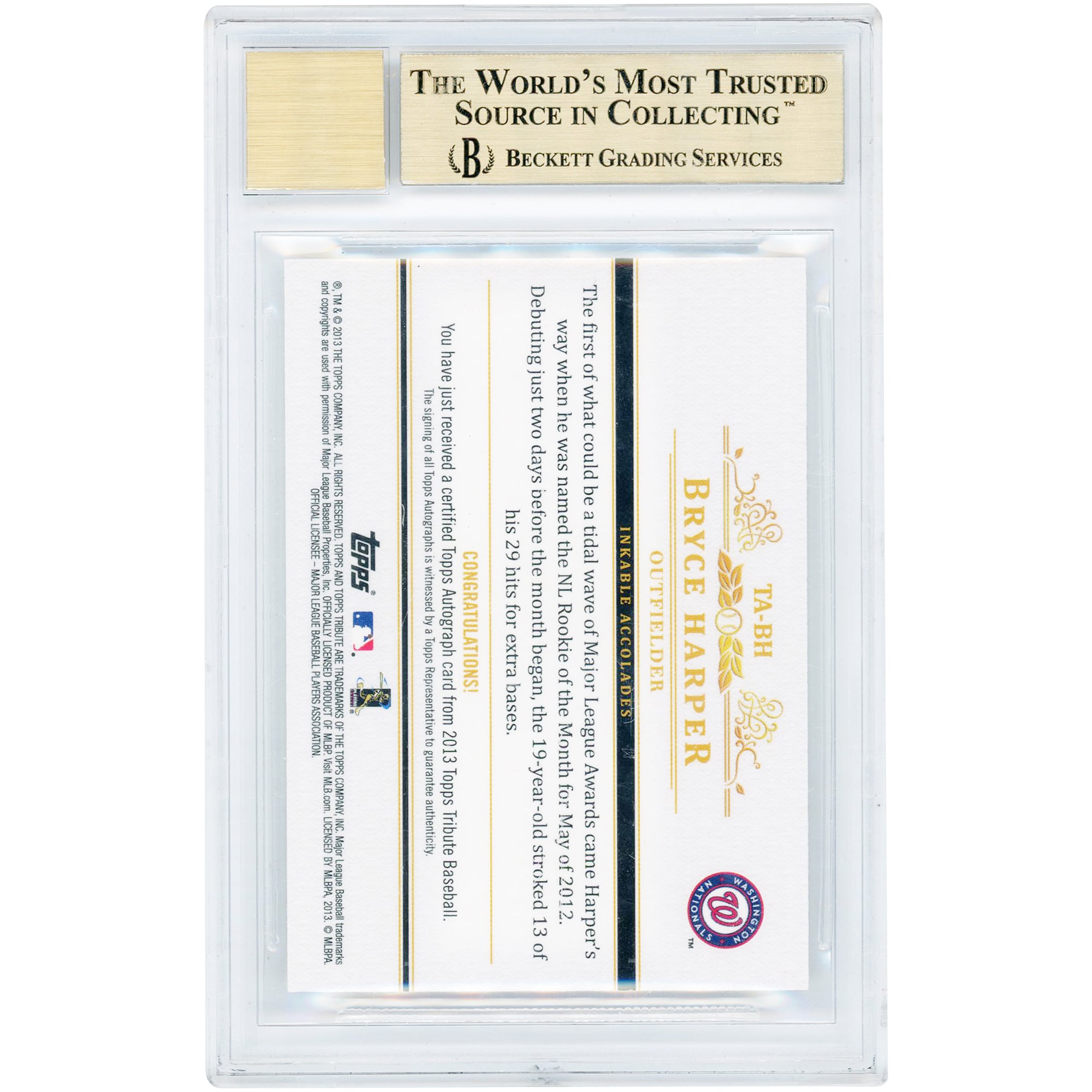 Carte Topps Tribute 2013 autographiée par Bryce Harper (Washington Nationals) #TA-BH #13/24, authentifiée BGS 9,5/9