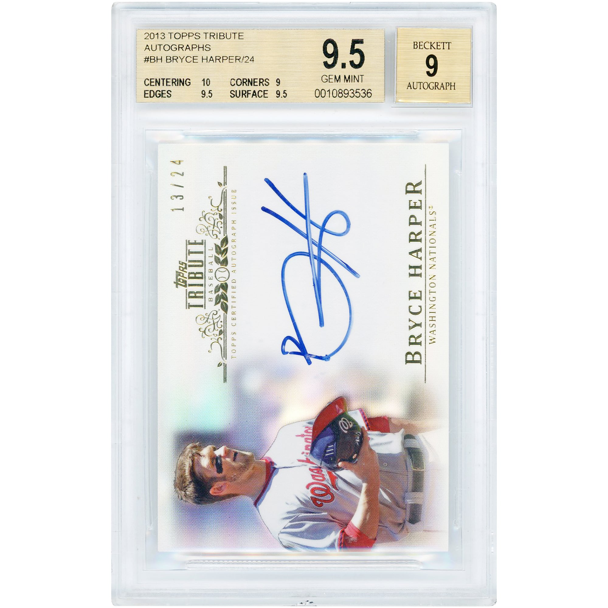 Carte Topps Tribute 2013 autographiée par Bryce Harper (Washington Nationals) #TA-BH #13/24, authentifiée BGS 9,5/9