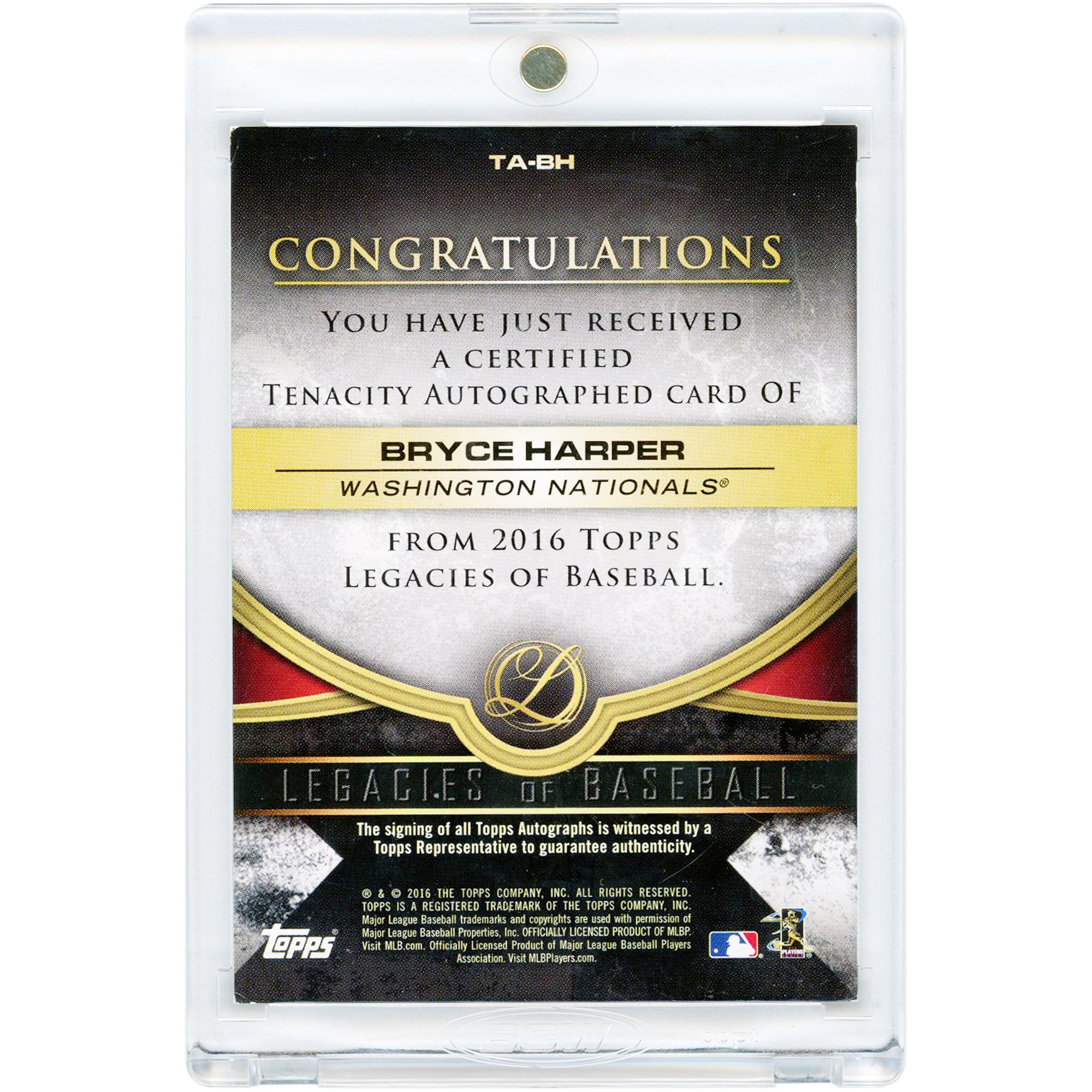 Carte autographiée de Bryce Harper (Washington Nationals) - Collection Topps Legacies of Baseball Tenacity Signatures 2016 #TA-BH #25/25