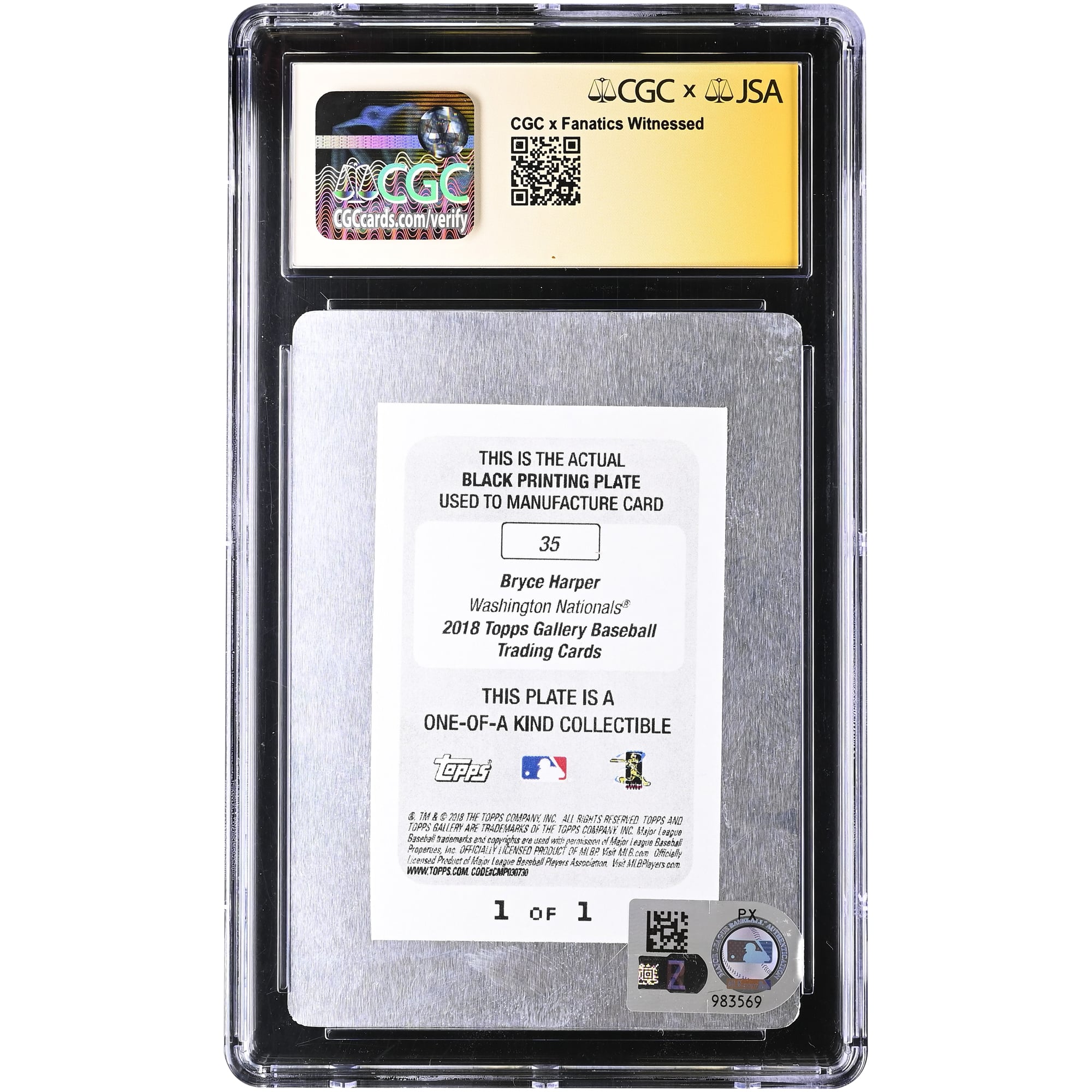 Bryce Harper Washington Nationals Autographed 2018 Topps Gallery Black Printing Plate #35 #1/1 CGC Authenticated Auto 10 Card
