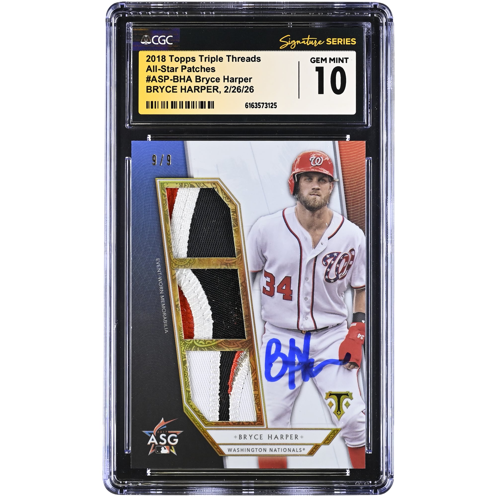 Bryce Harper Washington Nationals Autographed 2018 Topps Triple Threads All-Star Patches Relic #ASP-BHA #9/9 CGC Authenticated GEM MINT 10 Card