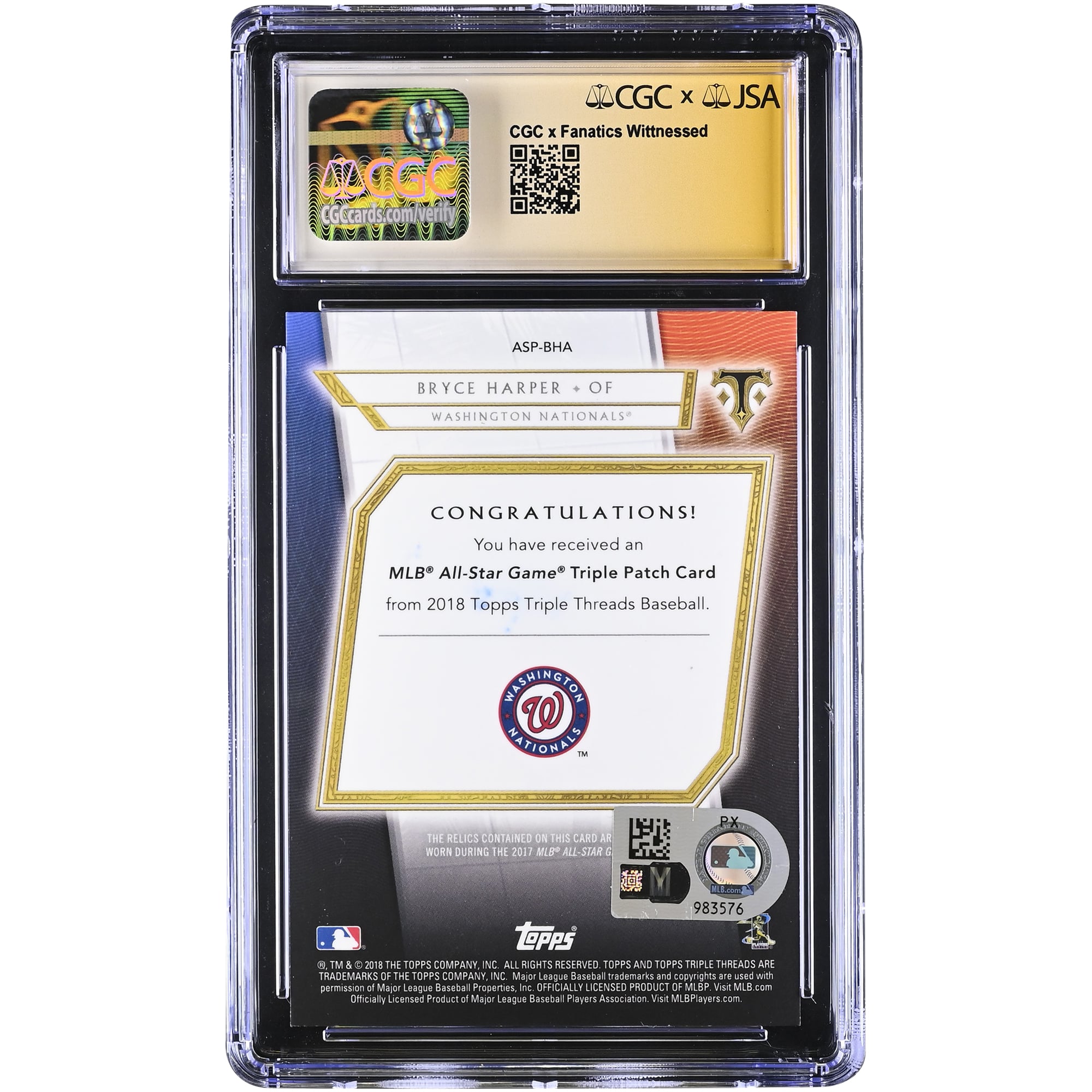Bryce Harper Washington Nationals Autographed 2018 Topps Triple Threads All-Star Patches Relic #ASP-BHA #9/9 CGC Authenticated GEM MINT 10 Card