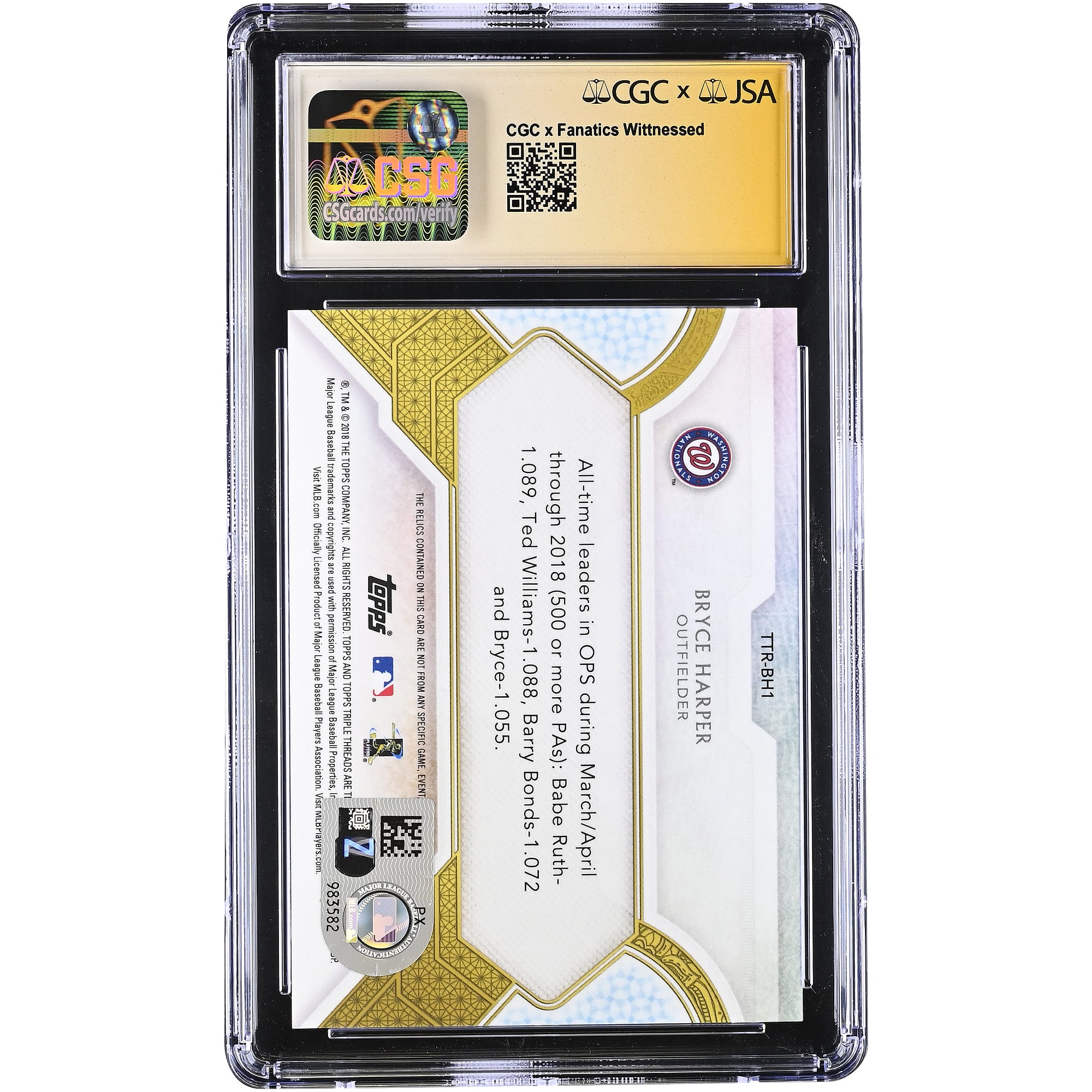 Bryce Harper Washington Nationals Autographed 2018 Topps Triple Threads Relics Emerald #TTR-BH1 #/18 CGC Authenticated 10/10 Card