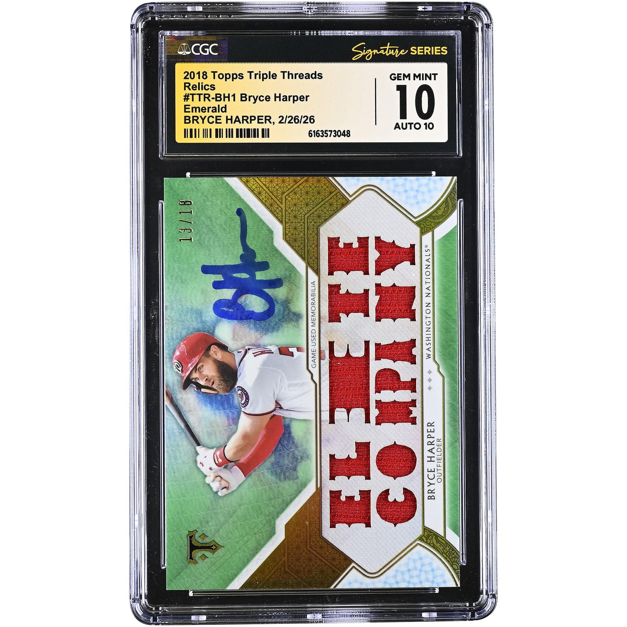 Bryce Harper Washington Nationals Autographed 2018 Topps Triple Threads Relics Emerald #TTR-BH1 #/18 CGC Authenticated 10/10 Card