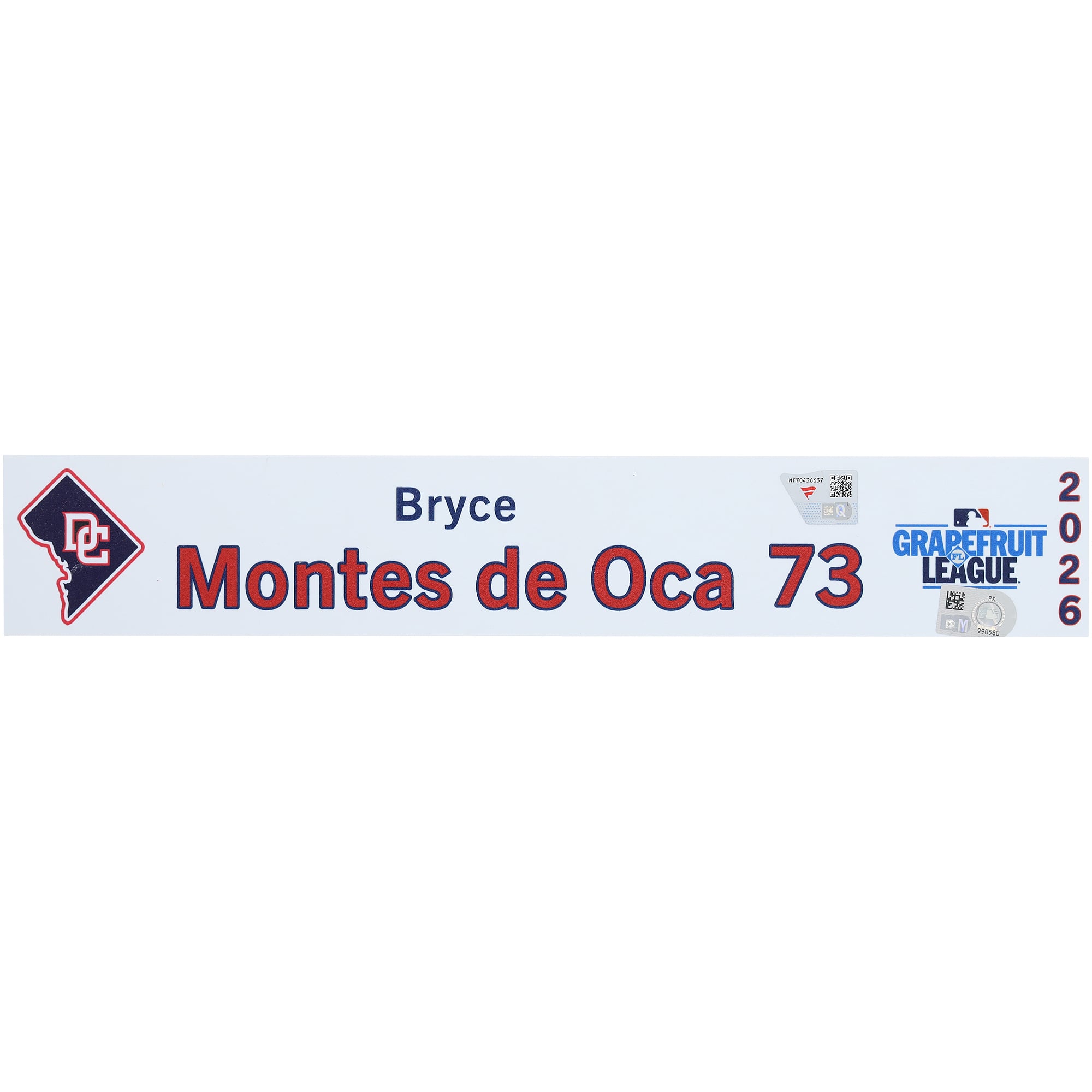 Bryce Montes de Oca Washington Nationals Player-Issued #73 Nameplate from 2026 MLB Spring Training