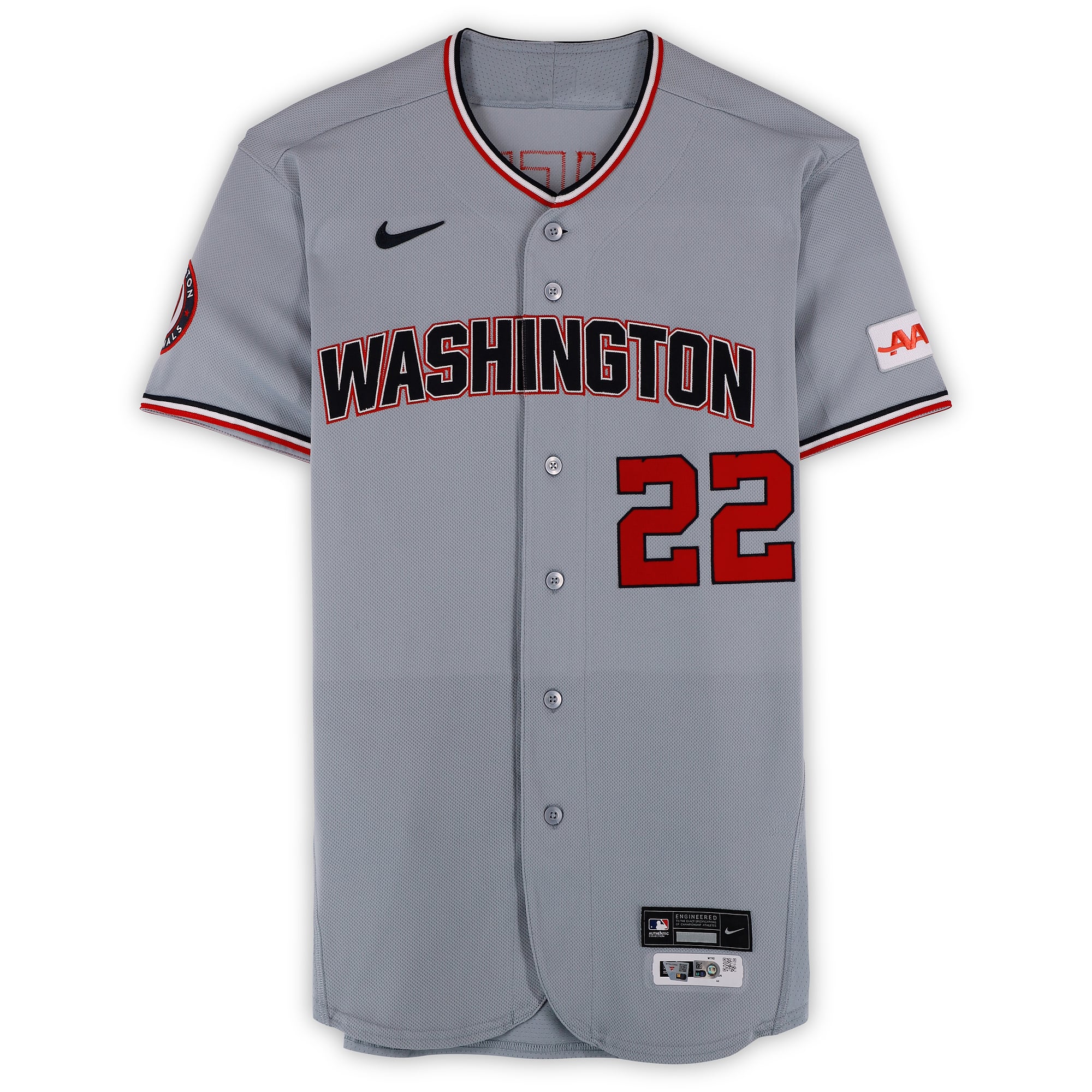 Maillot gris n° 22 porté par Foster Griffin (Washington Nationals) lors des matchs contre les Cubs de Chicago le 26 mars et contre les Marlins de Miami le 8 mai 2026.