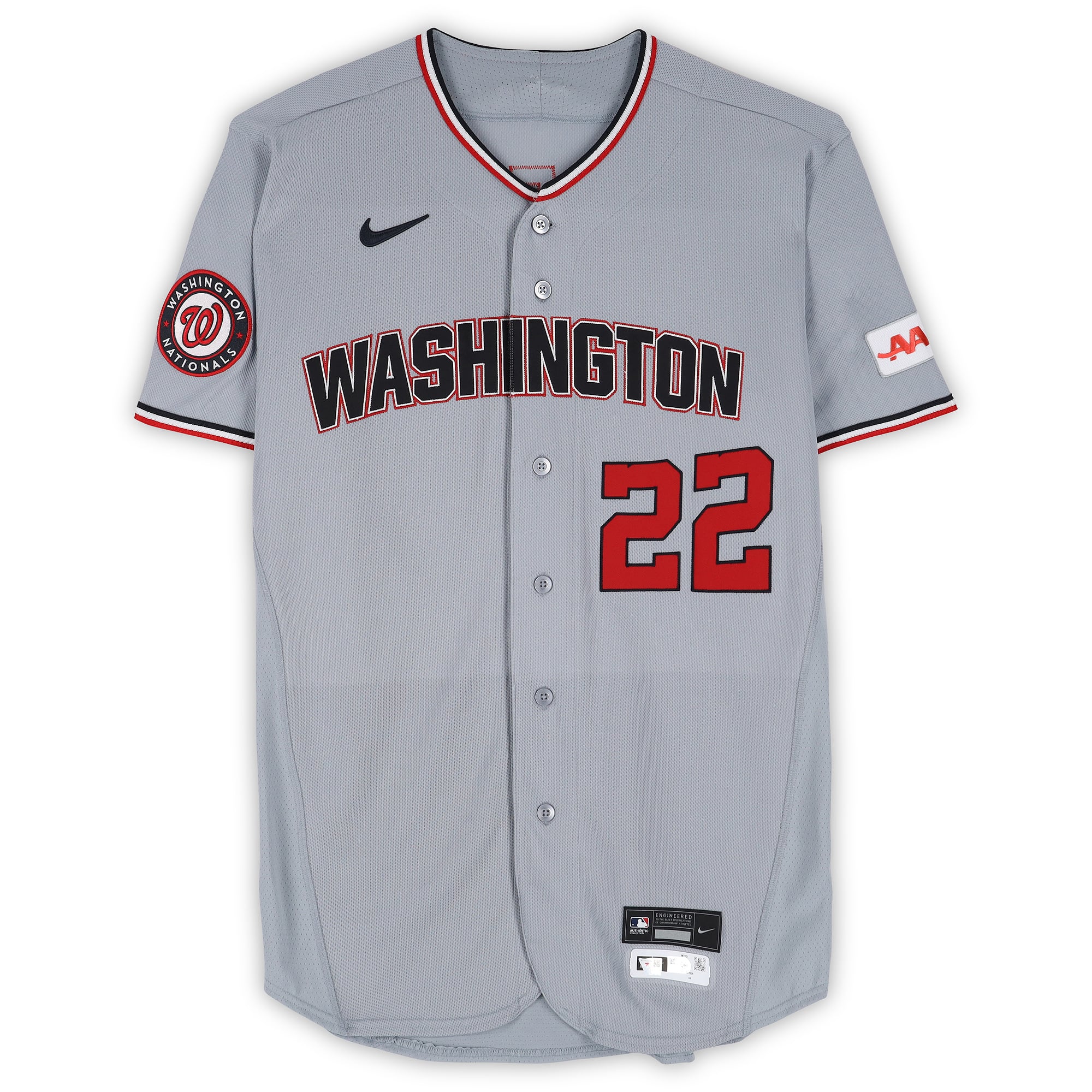 Maillot gris n° 22 de Foster Griffin, joueur des Nationals de Washington, saison 2026 de la MLB