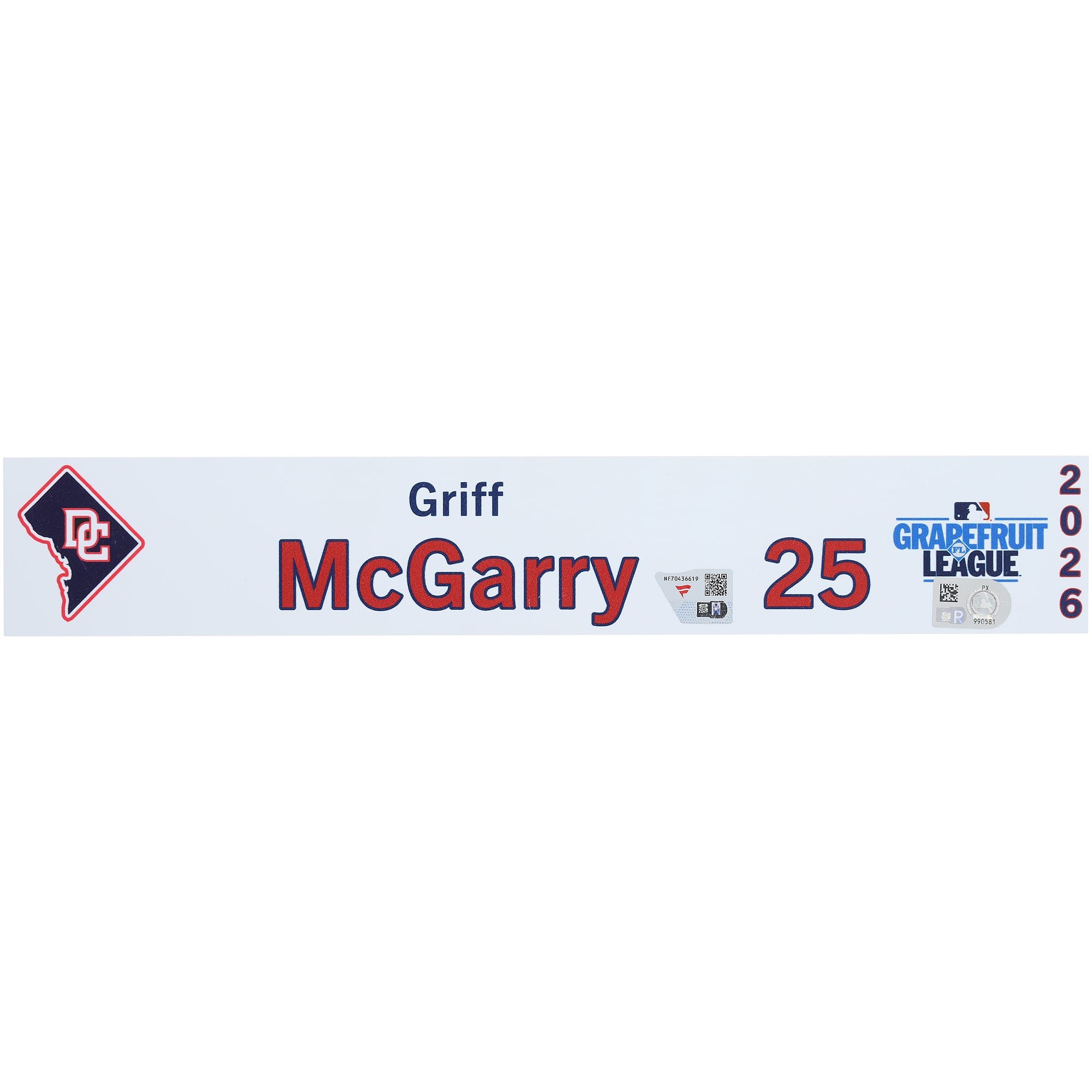 Griff McGarry Washington Nationals Player-Issued #25 Nameplate from 2026 MLB Spring Training