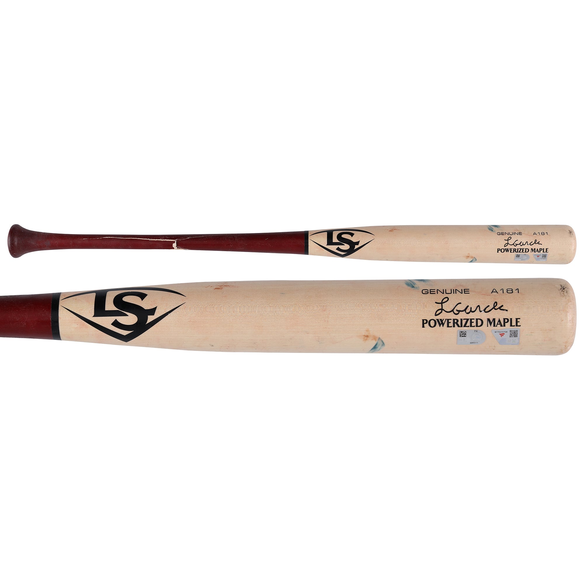 Batte Louisville Slugger beige cassée utilisée par Luis García Jr. (Washington Nationals) lors du match contre les Diamondbacks de l'Arizona le 24 juillet 2026.
