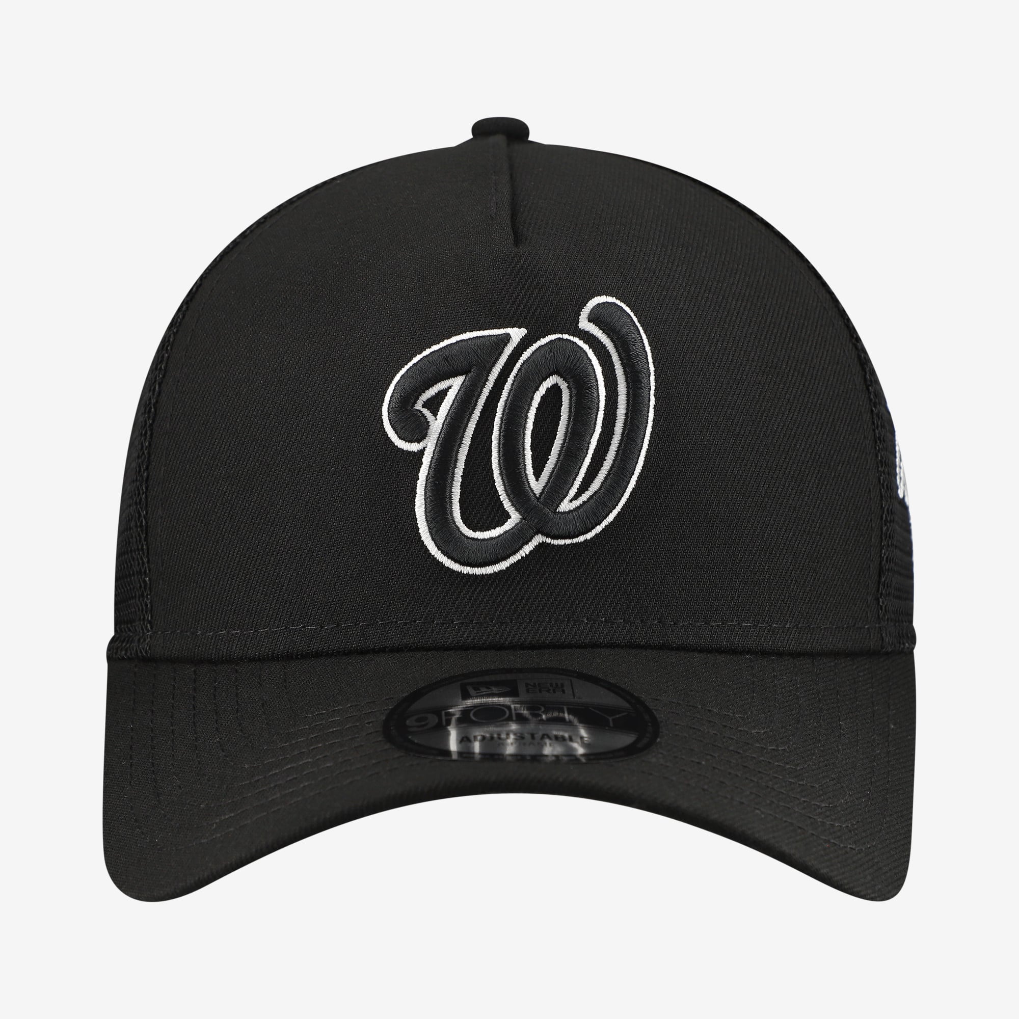 Men's New Era Black Washington Nationals Side Script 9FORTY A-Frame Trucker Adjustable Hat