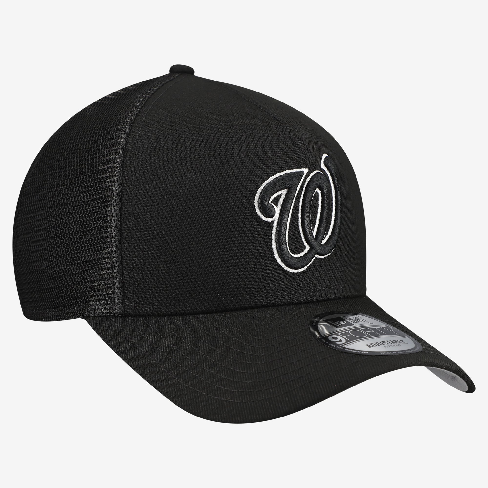 Men's New Era Black Washington Nationals Side Script 9FORTY A-Frame Trucker Adjustable Hat
