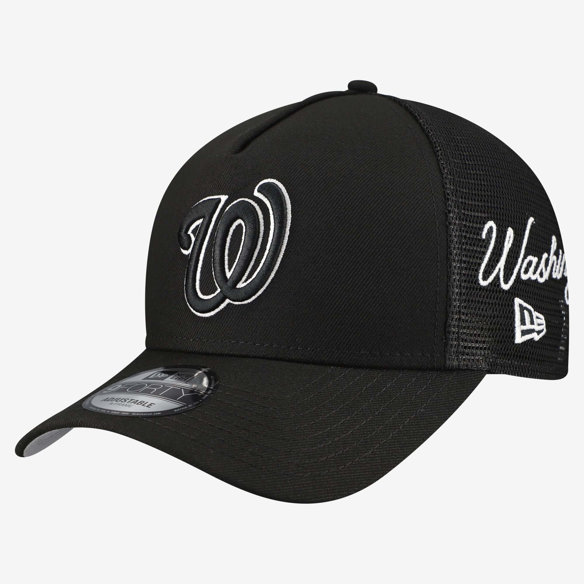 Men's New Era Black Washington Nationals Side Script 9FORTY A-Frame Trucker Adjustable Hat