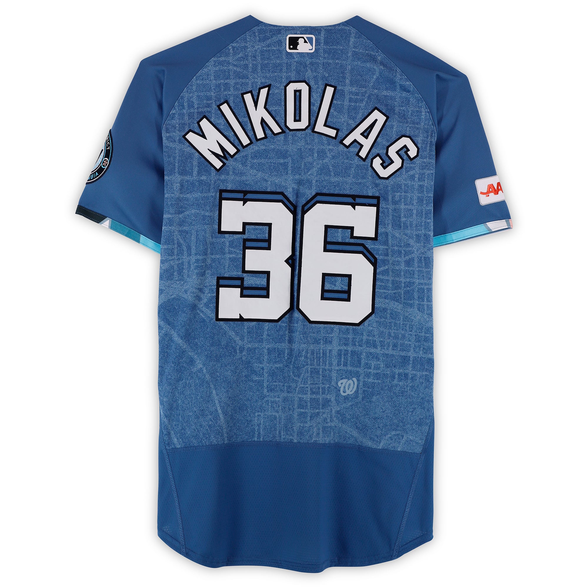 Maillot City Connect bleu n° 36 porté par Miles Mikolas (Washington Nationals) lors du match contre les Los Angeles Dodgers le 4 avril 2026