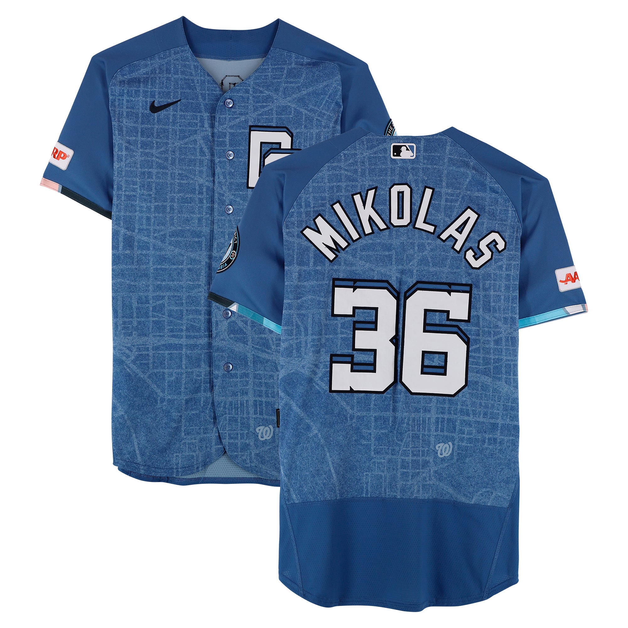 Maillot City Connect bleu n° 36 porté par Miles Mikolas (Washington Nationals) lors du match contre les Los Angeles Dodgers le 4 avril 2026