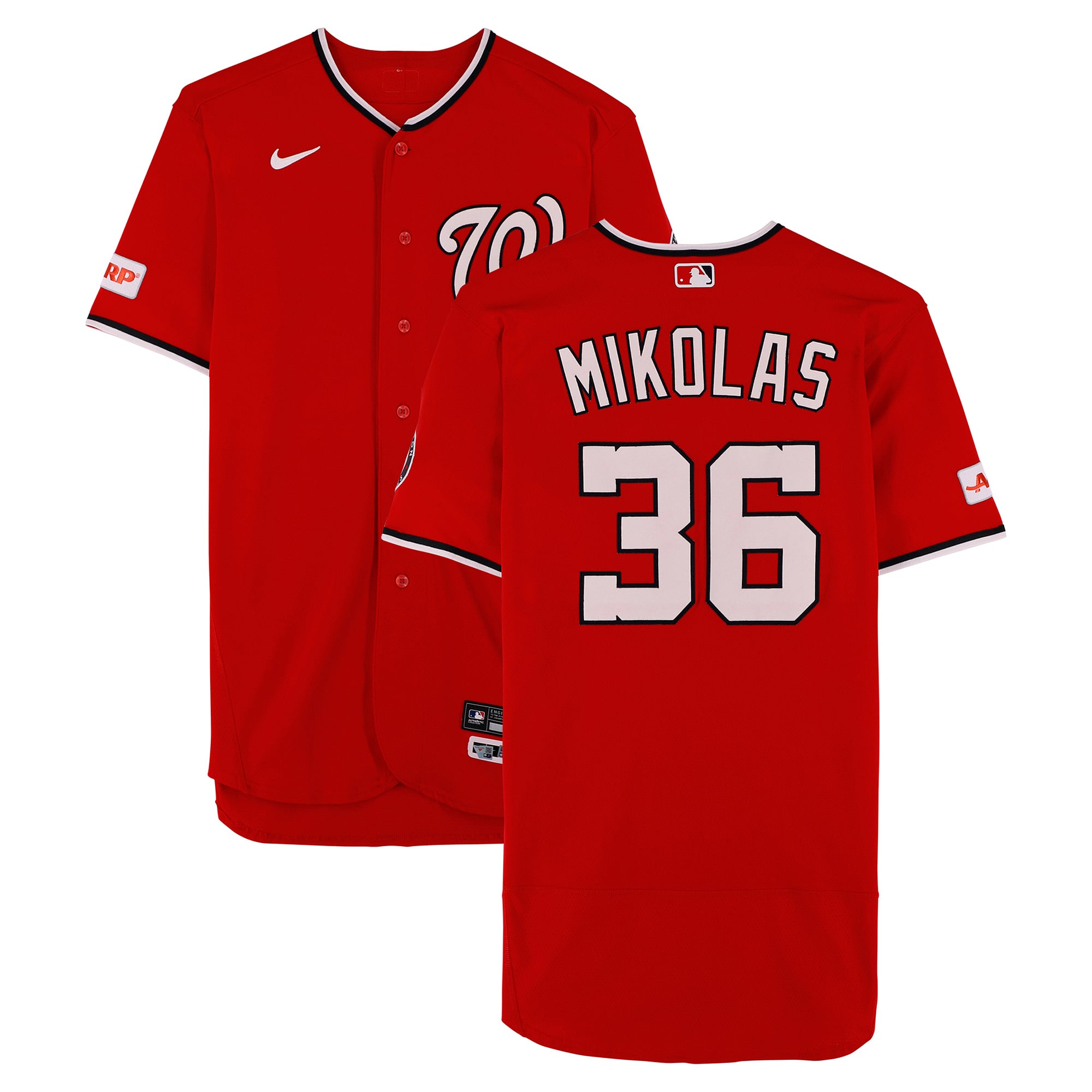 Maillot rouge n° 36 porté par Miles Mikolas (Washington Nationals) lors des matchs contre les Los Angeles Dodgers le 5 avril et contre les Baltimore Orioles le 17 mai 2026.