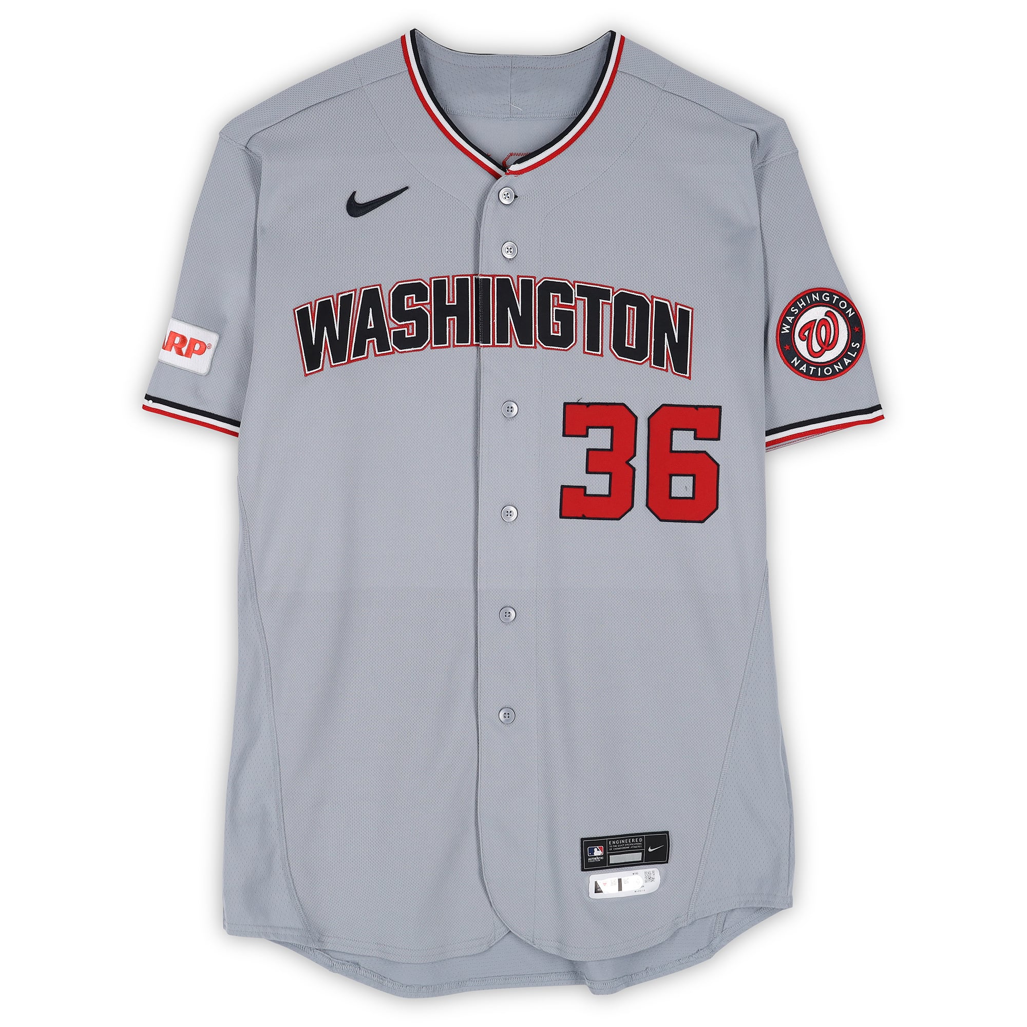 Maillot gris n° 36 de Miles Mikolas, joueur des Nationals de Washington, saison 2026 de la MLB