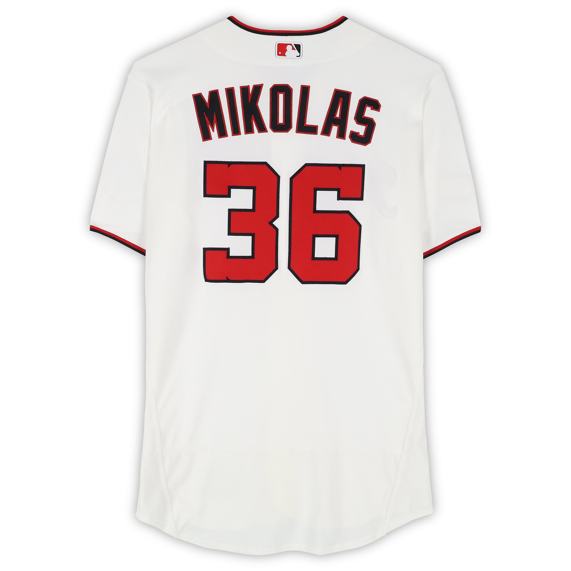 Maillot blanc n° 36 de Miles Mikolas, joueur des Nationals de Washington, saison 2026 de la MLB