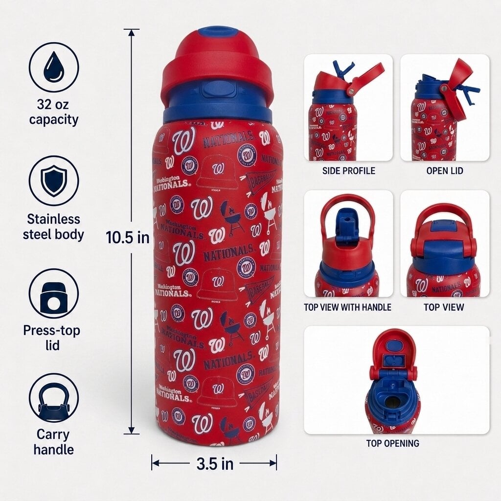 Gourde Pegasus Washington Nationals 32 oz, fanion de match, en acier inoxydable ProPress