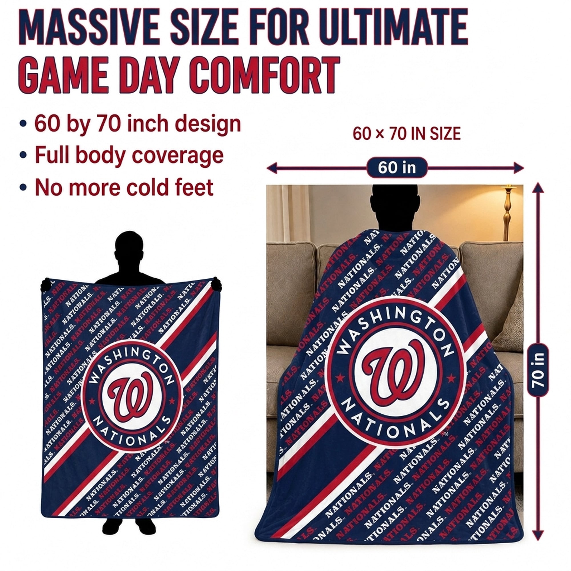 Couverture ultra douce Pegasus Washington Nationals 60" x 70" (diagonale) avec logo doublé