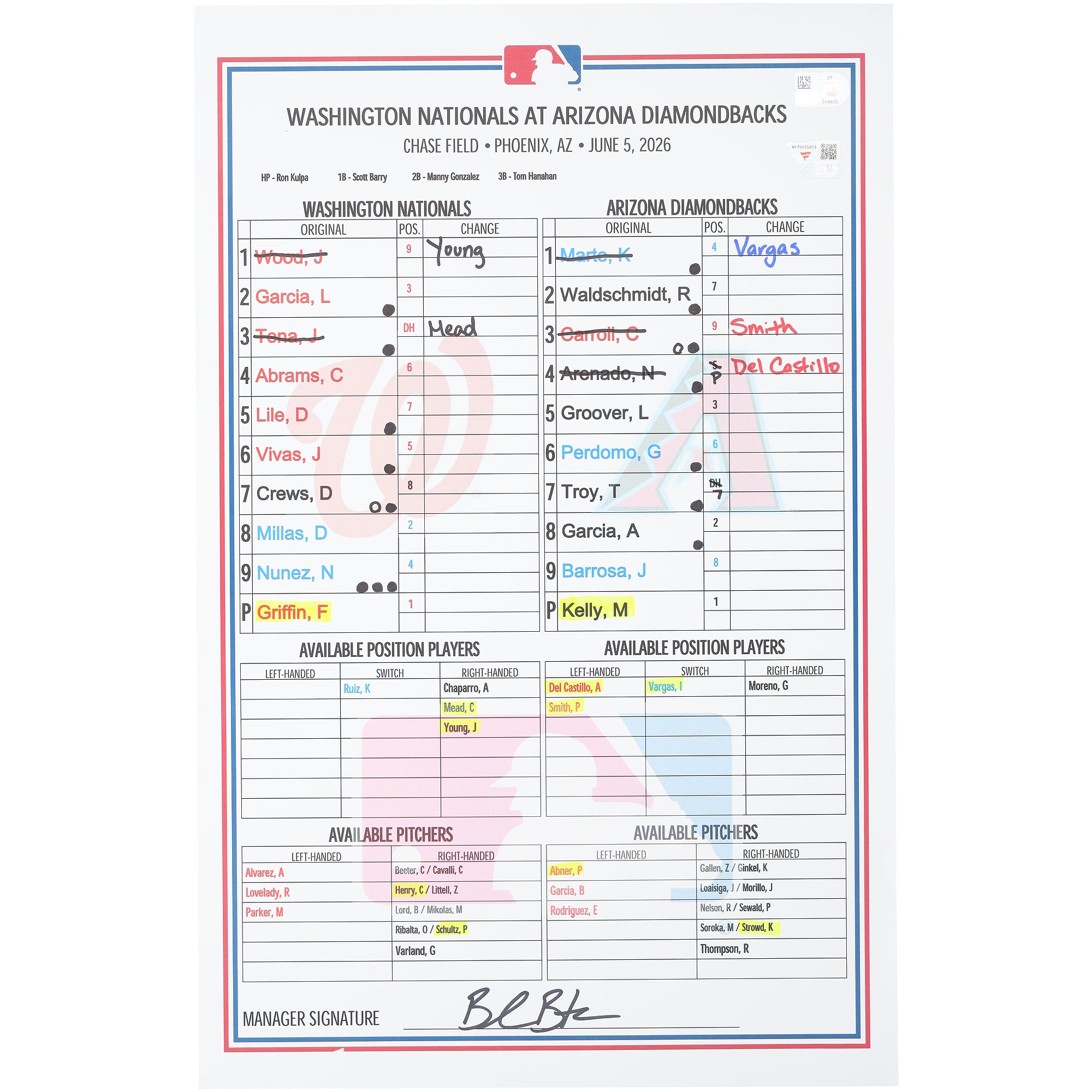 Washington Nationals Game-Used Lineup Card vs. Arizona Diamondbacks on June 5, 2026