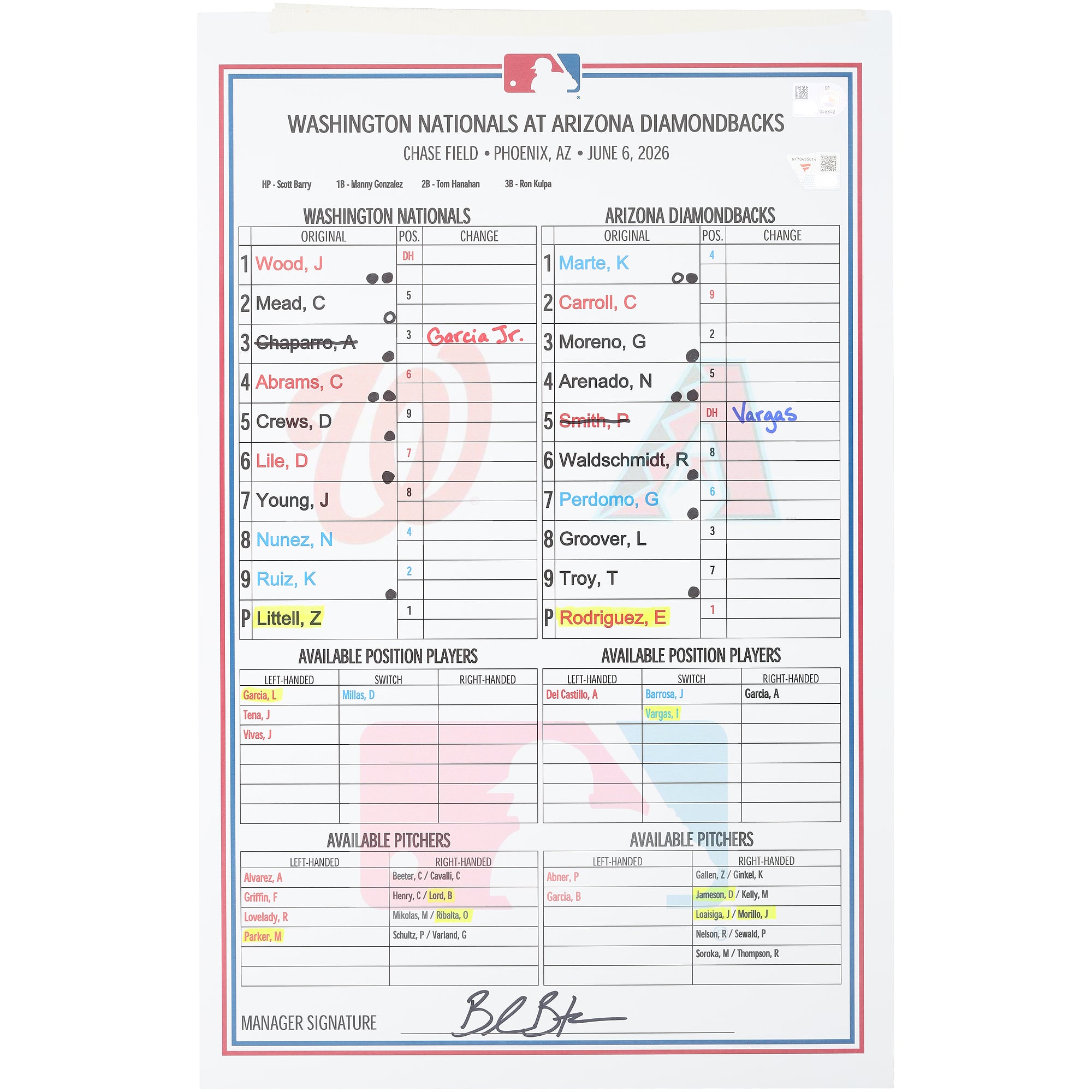 Washington Nationals Game-Used Lineup Card vs. Arizona Diamondbacks on June 6, 2026