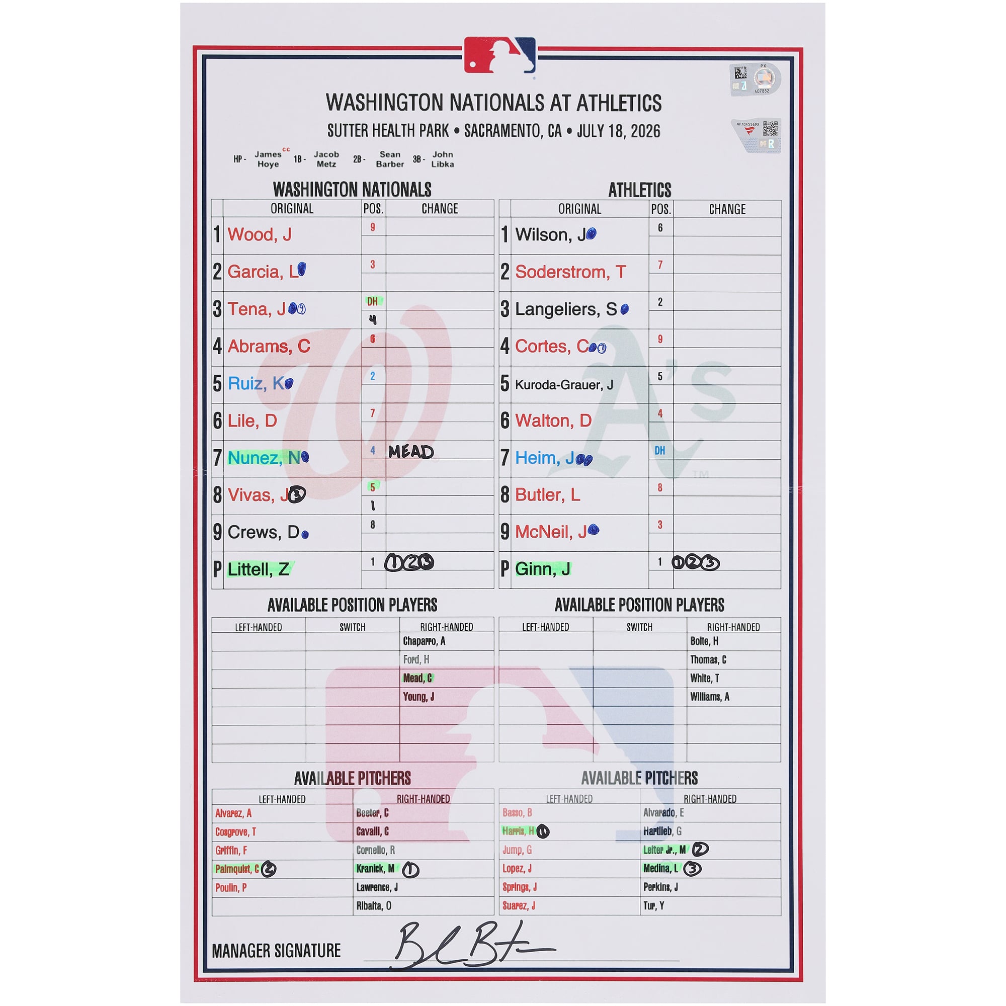 Feuille de composition utilisée par les Washington Nationals lors du match contre les Athletics le juillet 2026