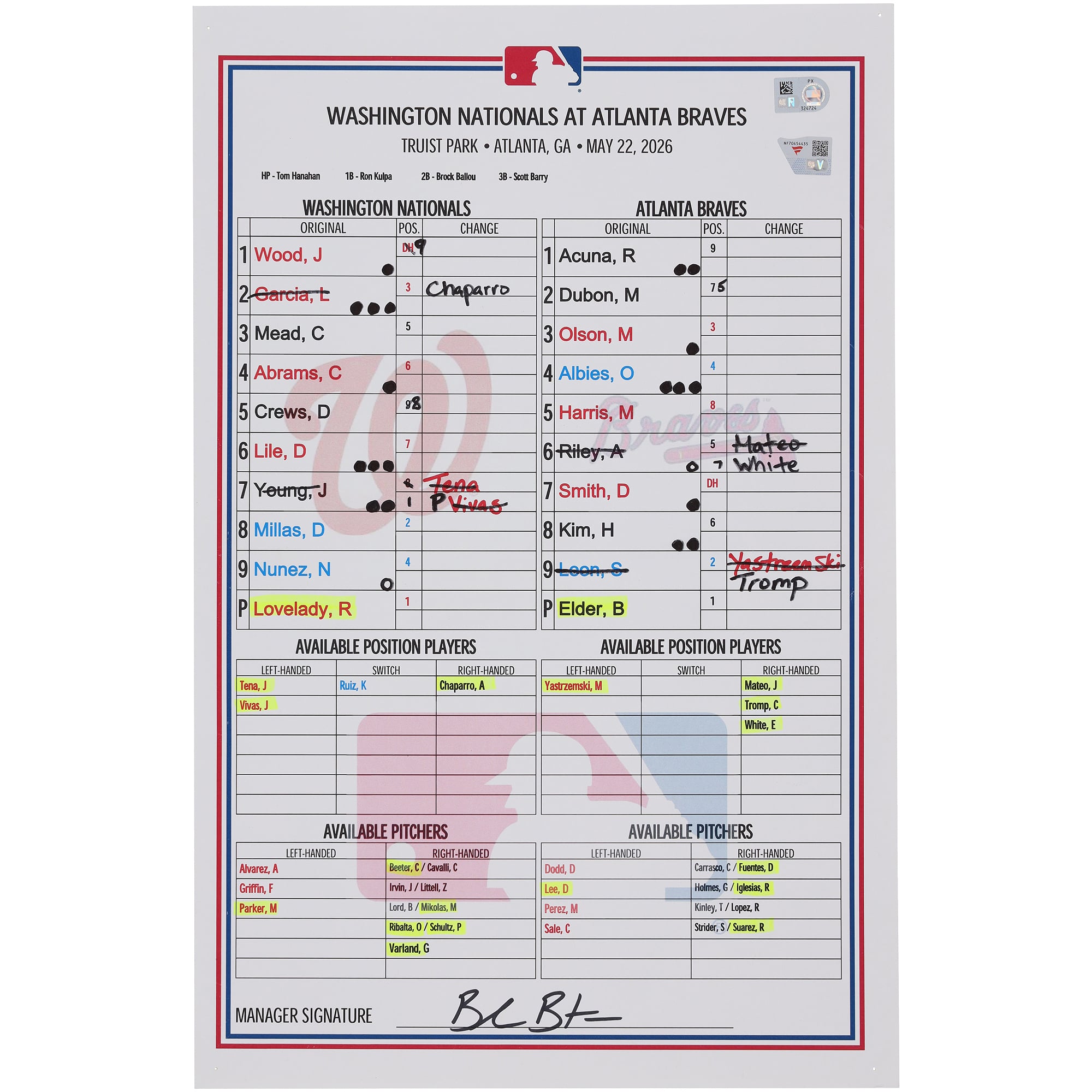 Washington Nationals Game-Used Lineup Card vs. Atlanta Braves on May 22, 2026