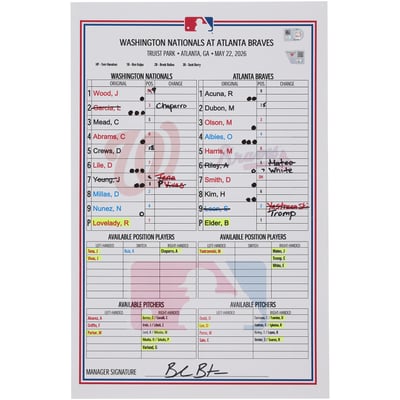 Washington Nationals Fanatics Authentic Game-Used Lineup Card vs. Atlanta Braves on May 22, 2026