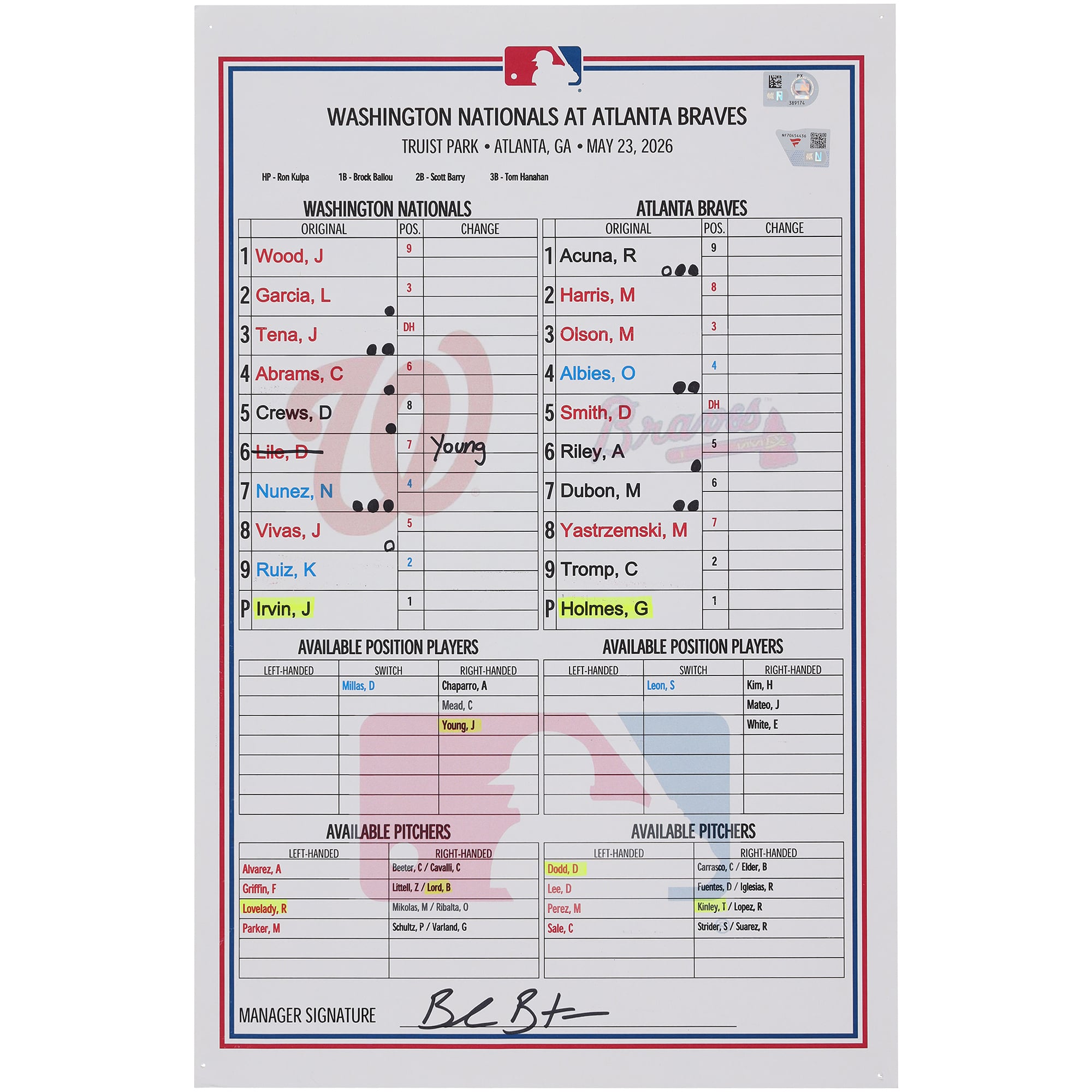 Washington Nationals Game-Used Lineup Card vs. Atlanta Braves on May 23, 2026