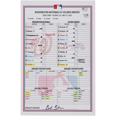 Washington Nationals Fanatics Authentic Game-Used Lineup Card vs. Atlanta Braves on May 24, 2026