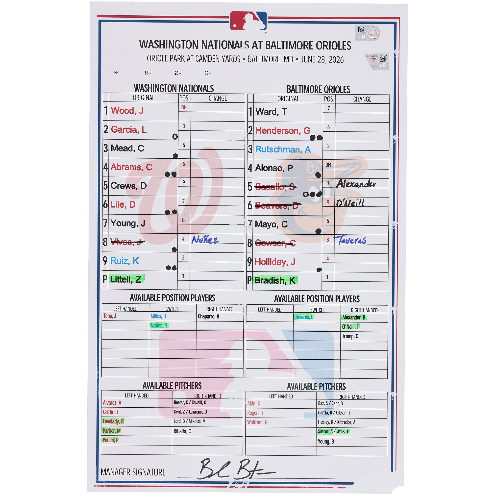 Feuille de composition utilisée par les Washington Nationals lors du match contre les Baltimore Orioles le 28 juin 2026