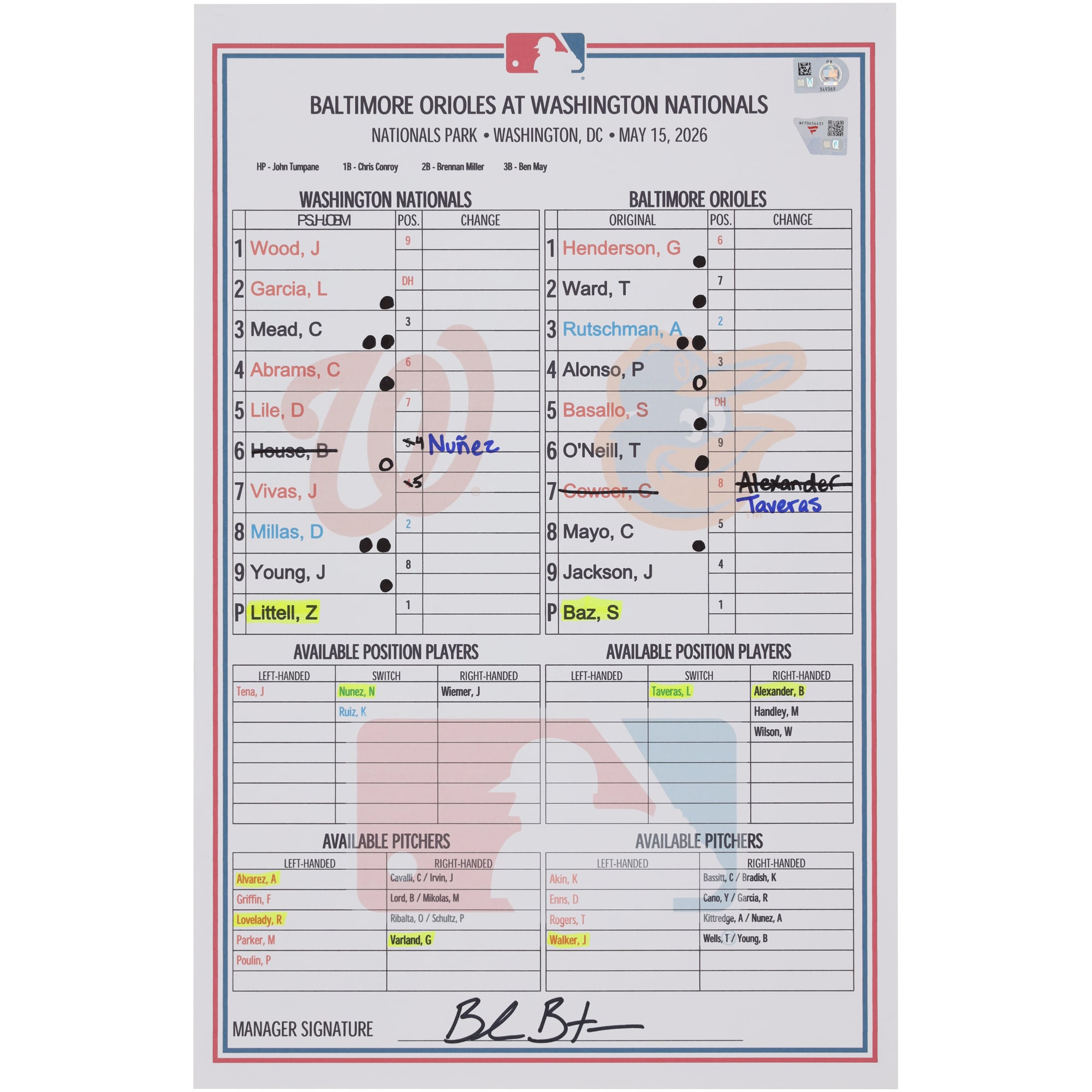 Washington Nationals Game-Used Lineup Card vs. Baltimore Orioles on May 15, 2026