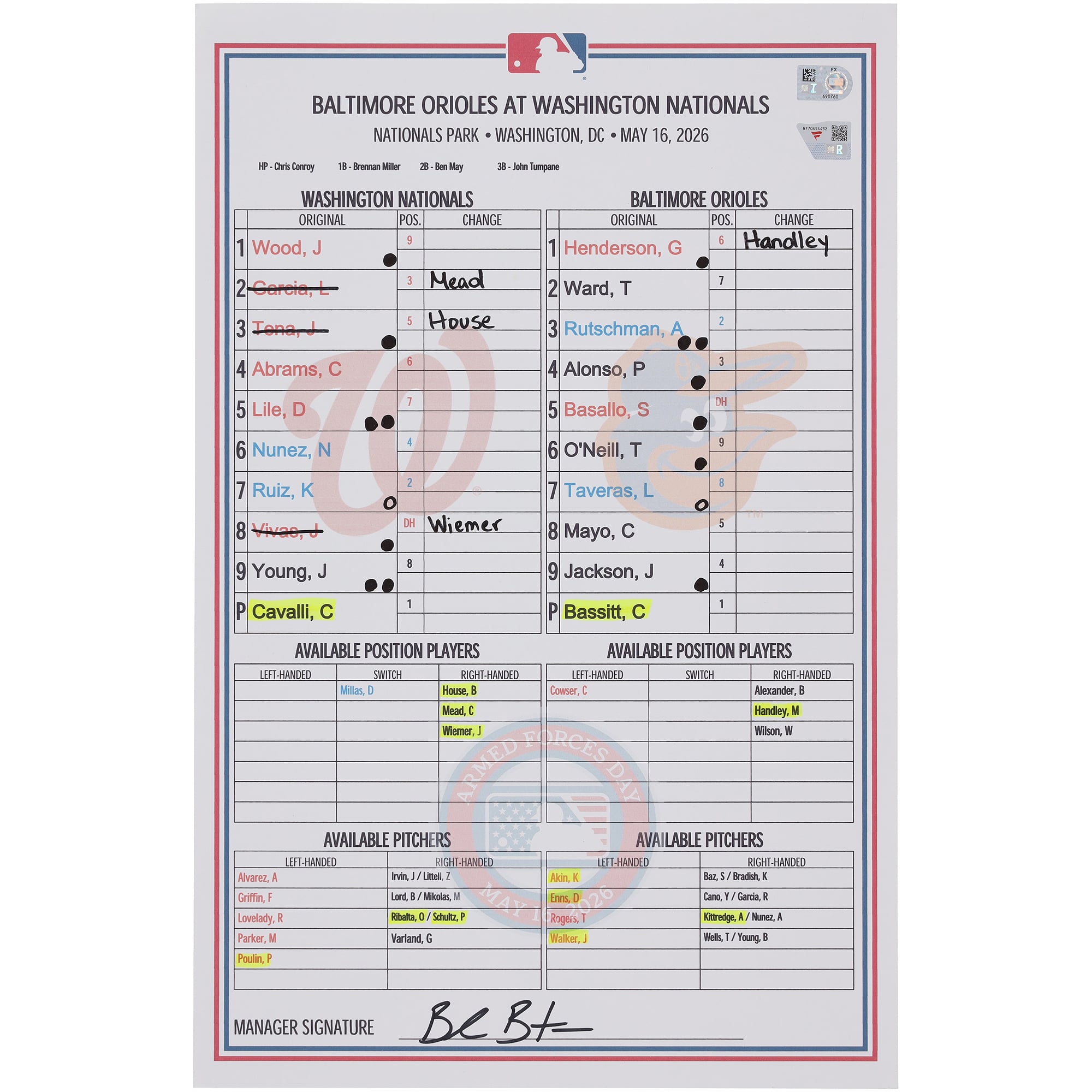 Washington Nationals Game-Used Lineup Card vs. Baltimore Orioles on May 16, 2026