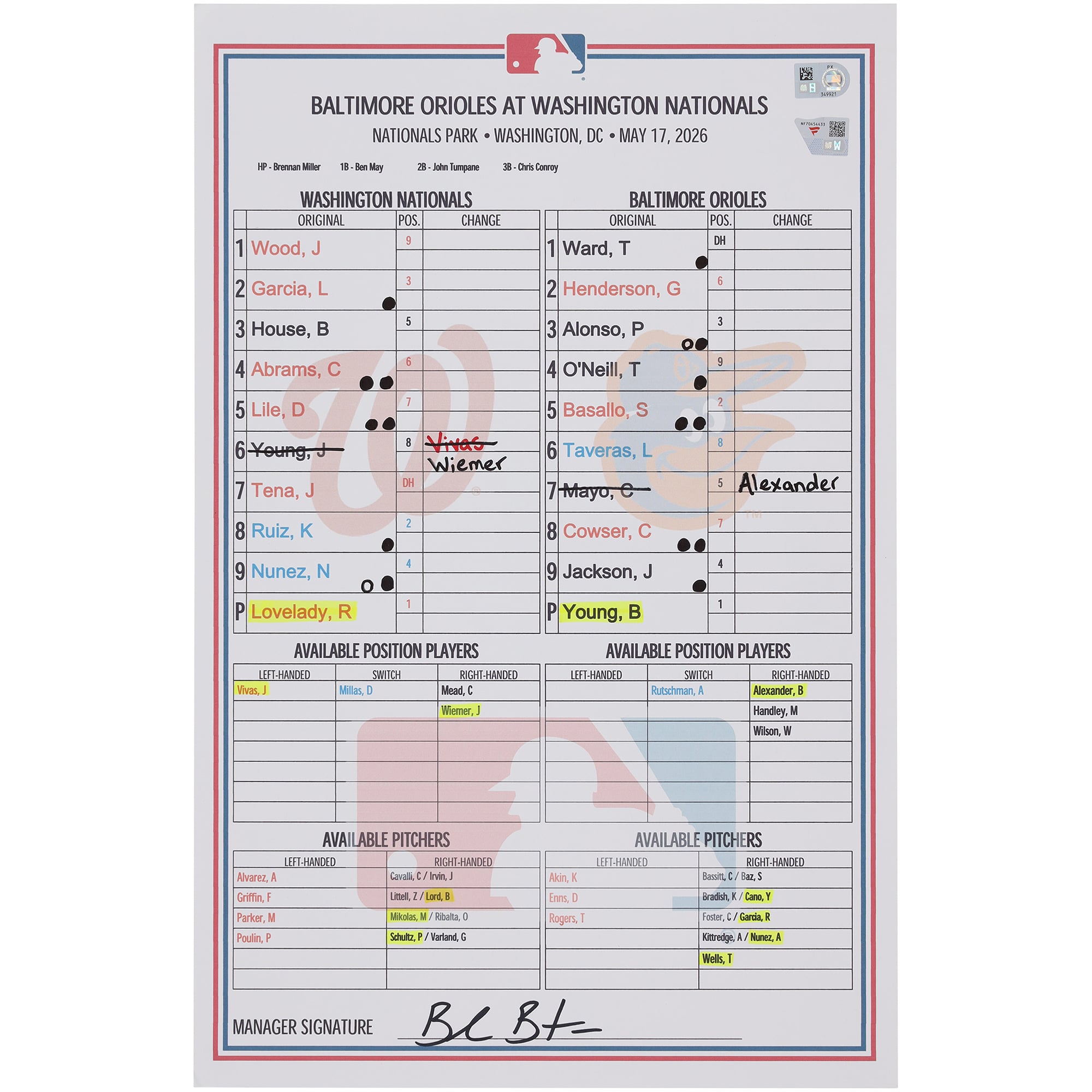 Washington Nationals Game-Used Lineup Card vs. Baltimore Orioles on May 17, 2026