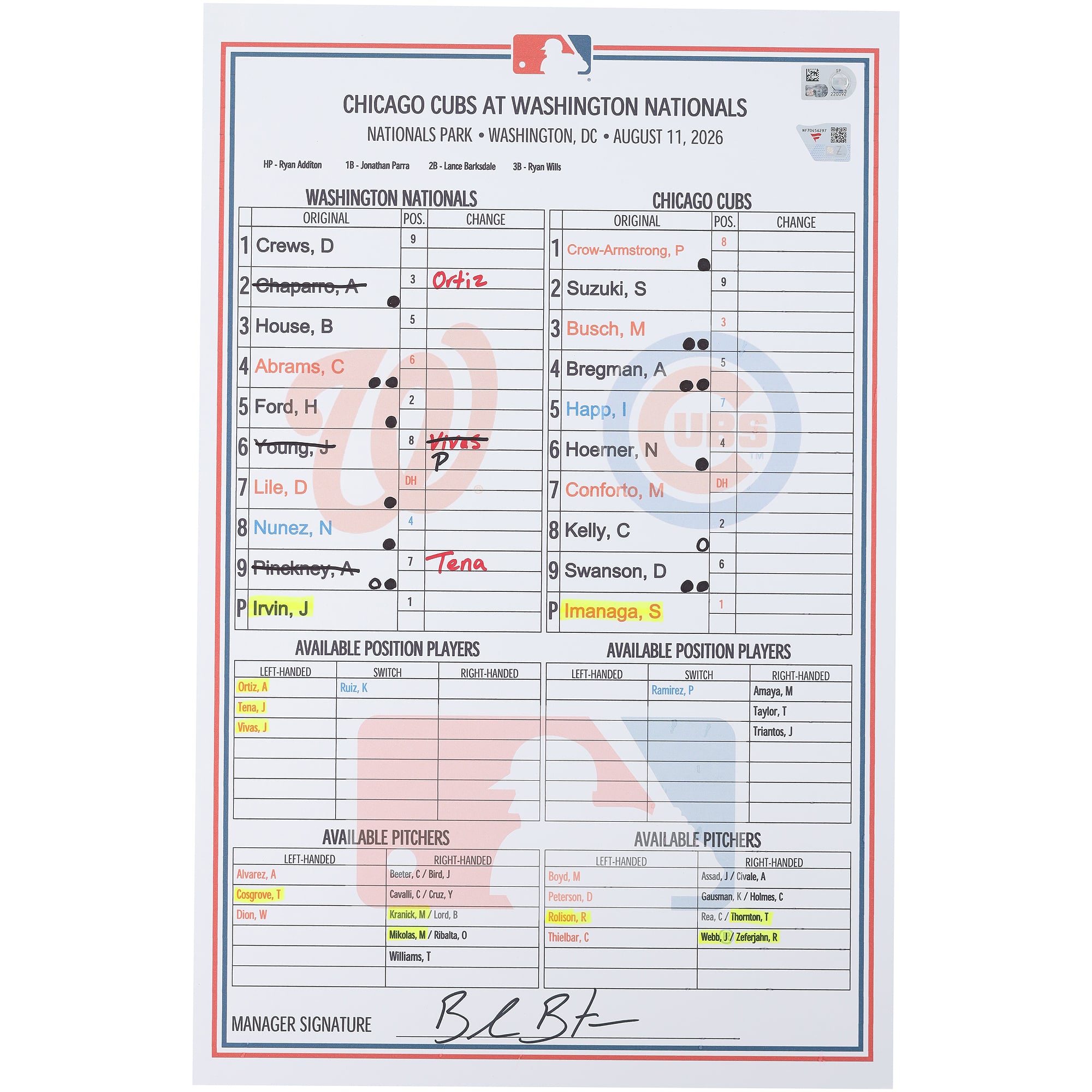 Feuille de composition utilisée par les Washington Nationals lors du match contre les Chicago Cubs le 11 août 2026