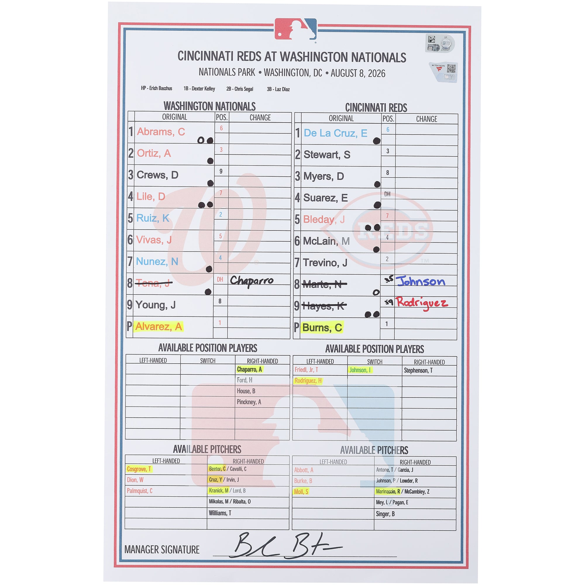 Feuille de composition d'équipe utilisée par les Washington Nationals lors du match contre les Cincinnati Reds le 8 août 2026