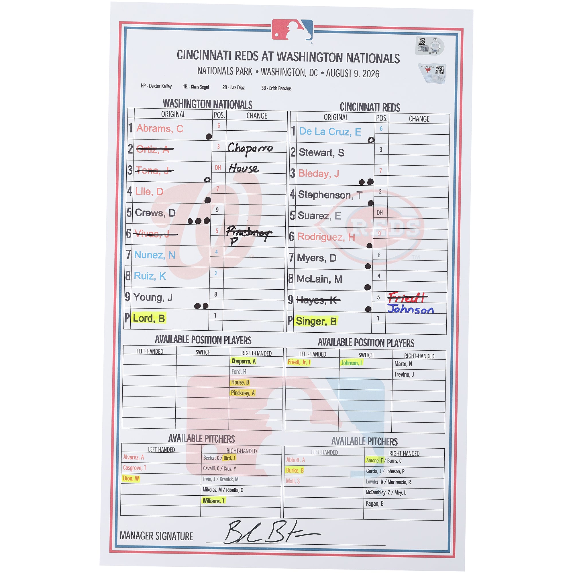 Feuille de composition utilisée par les Washington Nationals lors du match contre les Cincinnati Reds le 9 août 2026