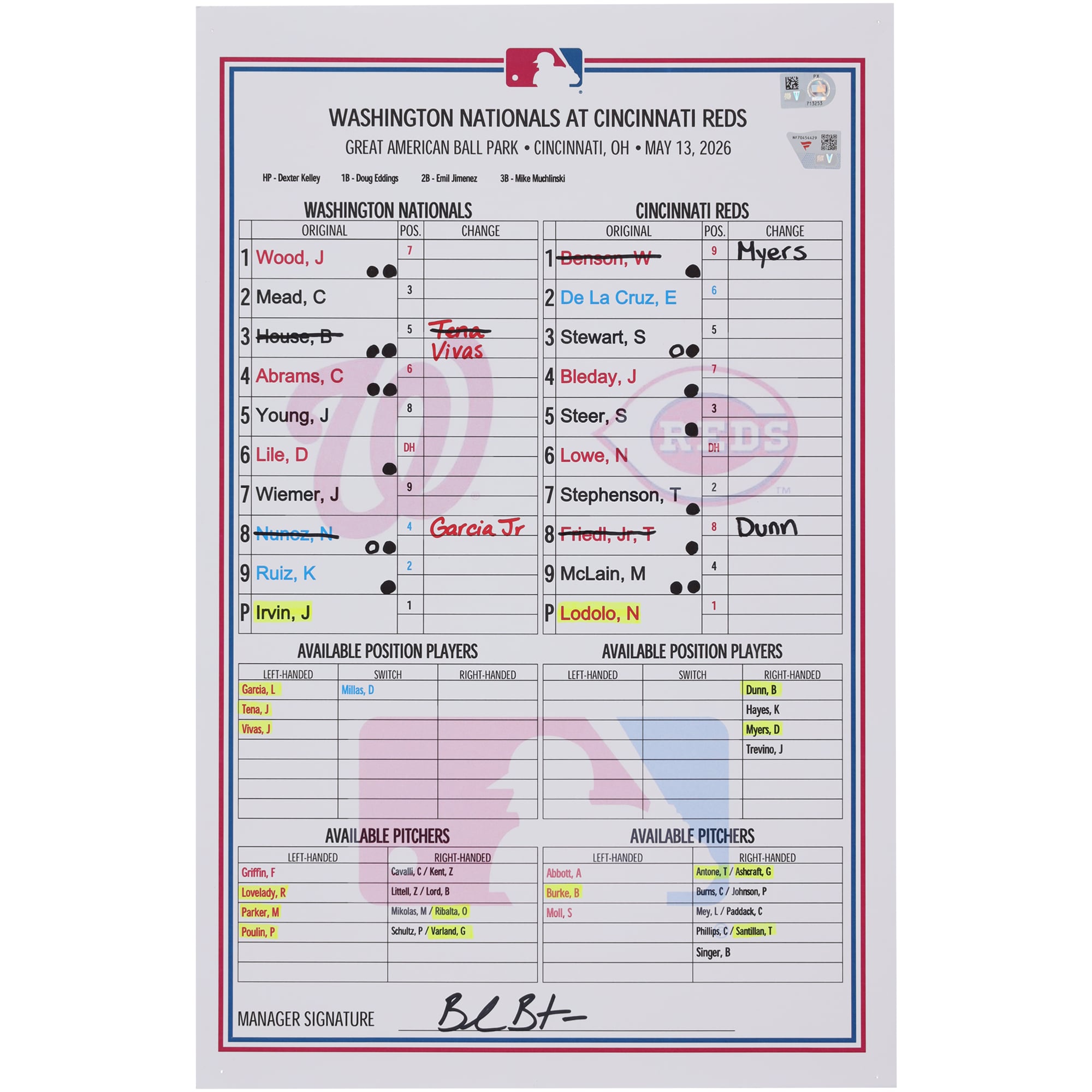 Washington Nationals Game-Used Lineup Card vs. Cincinnati Reds on May 13, 2026