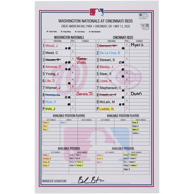 Washington Nationals Fanatics Authentic Game-Used Lineup Card vs. Cincinnati Reds on May 13, 2026