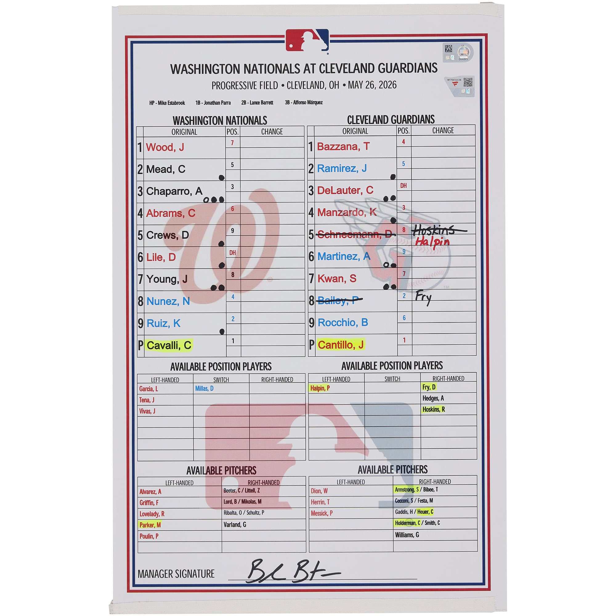 Washington Nationals Game-Used Lineup Card vs. Cleveland Guardians on May 26, 2026