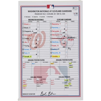Washington Nationals Fanatics Authentic Game-Used Lineup Card vs. Cleveland Guardians on May 26, 2026