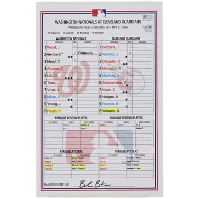 Washington Nationals Fanatics Authentic Game-Used Lineup Card vs. Cleveland Guardians on May 27, 2026