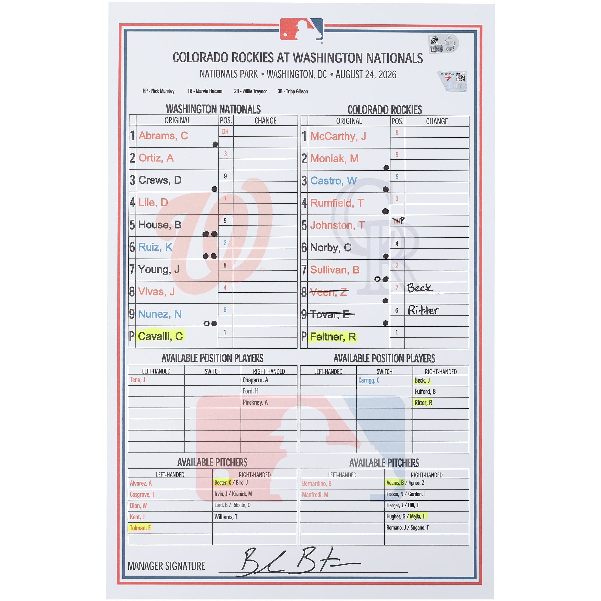 Feuille de composition utilisée par les Washington Nationals lors du match contre les Colorado Rockies le août 2026