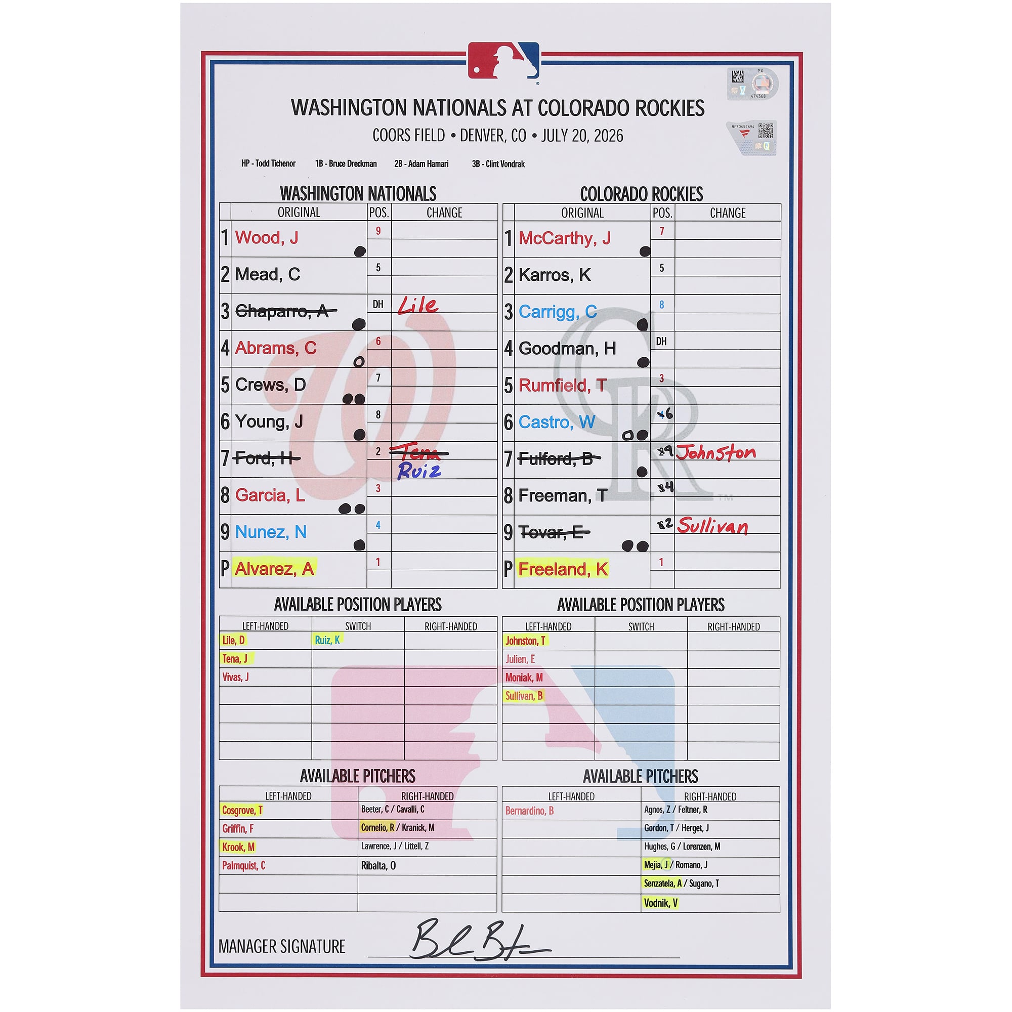 Feuille de composition utilisée par les Washington Nationals lors du match contre les Colorado Rockies le juillet 2026