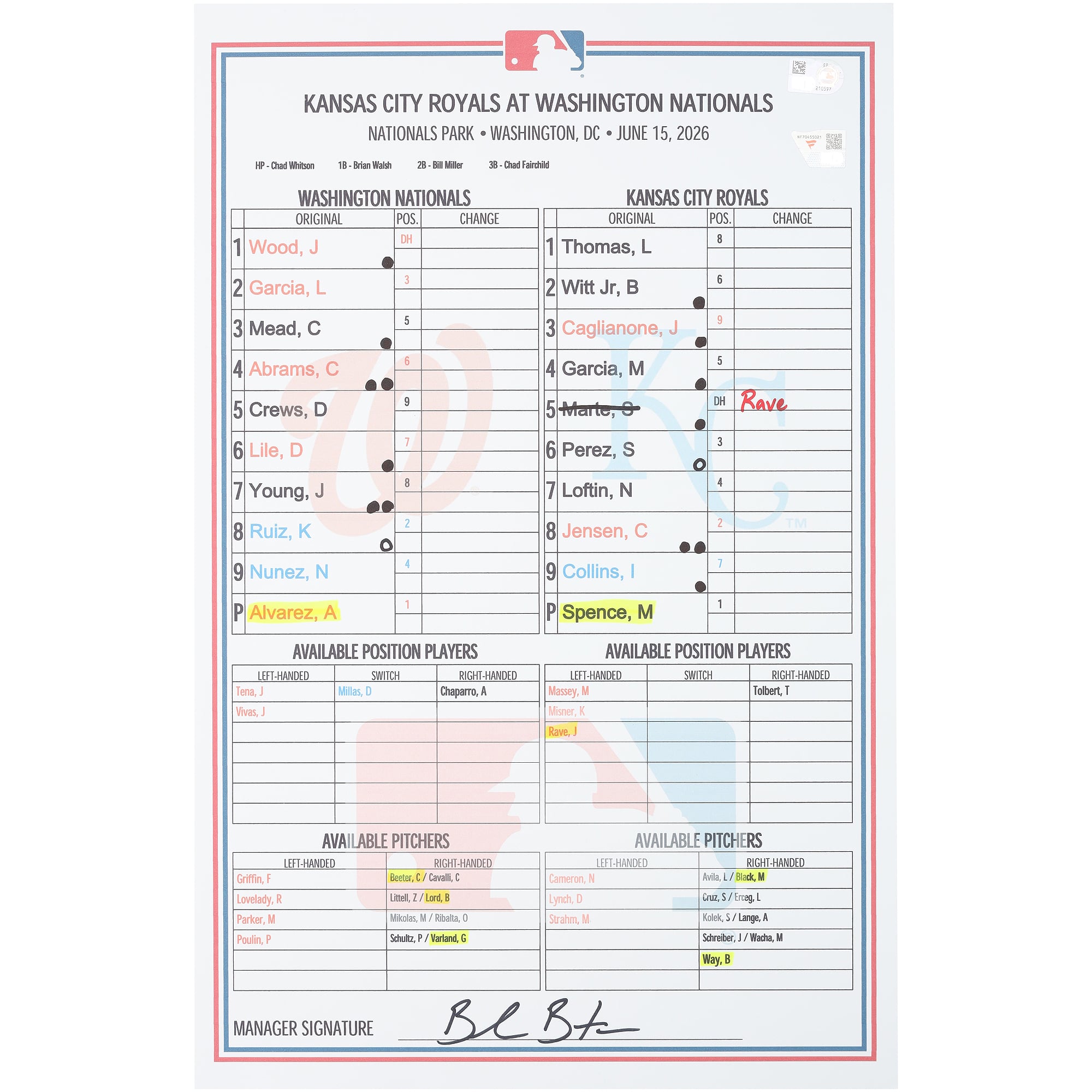 Washington Nationals Game-Used Lineup Card vs. Kansas City Royals on June 15, 2026