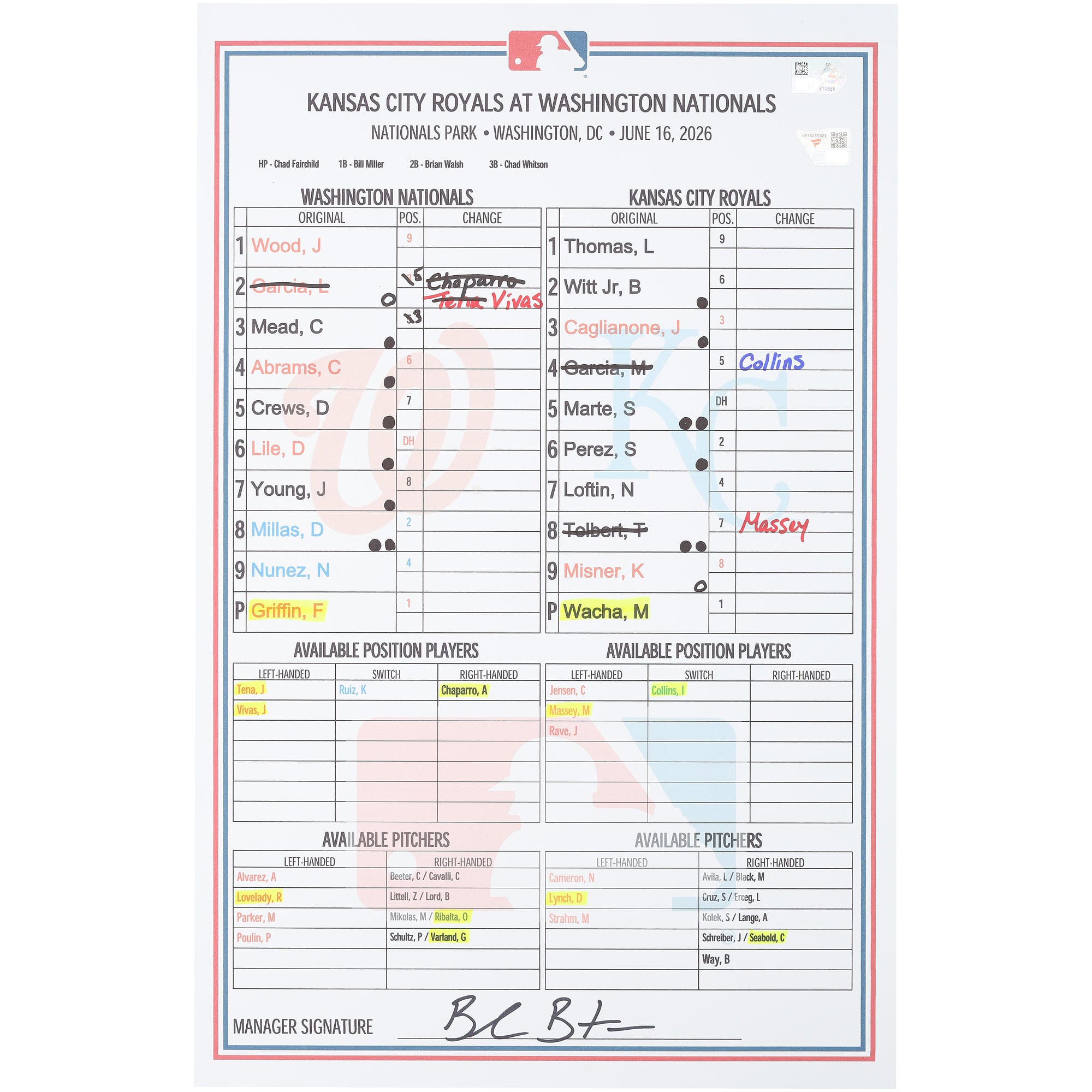 Washington Nationals Game-Used Lineup Card vs. Kansas City Royals on June 16, 2026